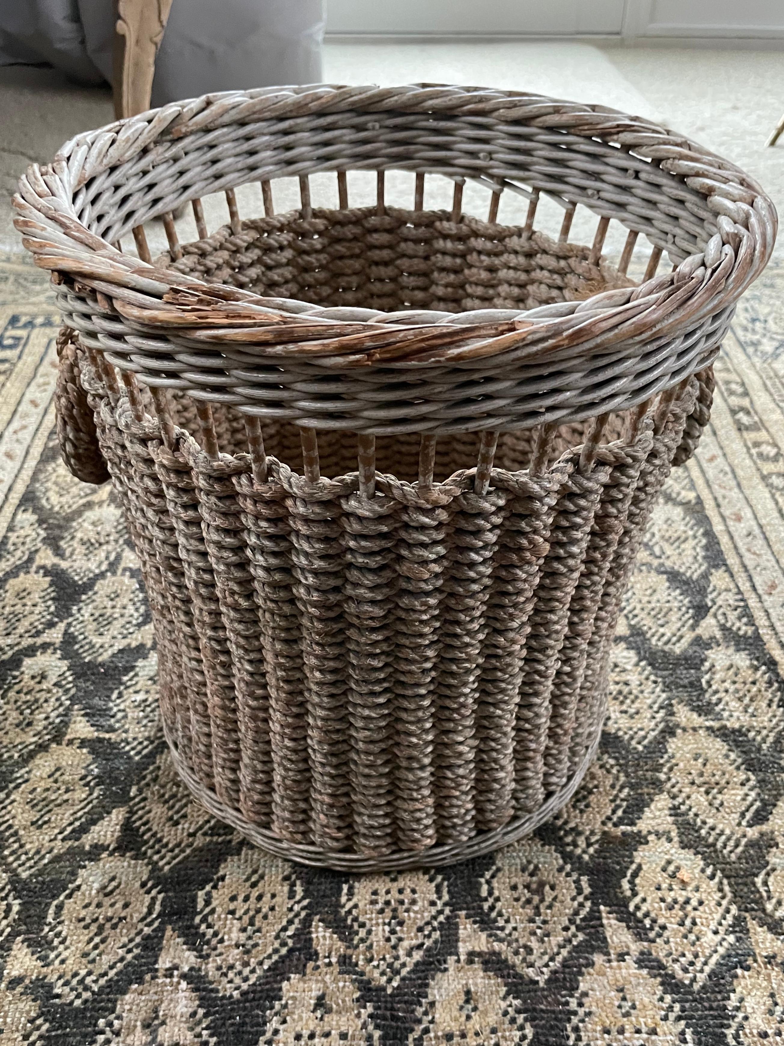 Woven Rope and Wicker Wastebasket For Sale