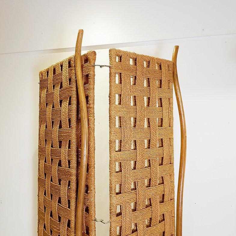 Metal Rope and wood folding screen room divider in the style of Audoux Minnet For Sale