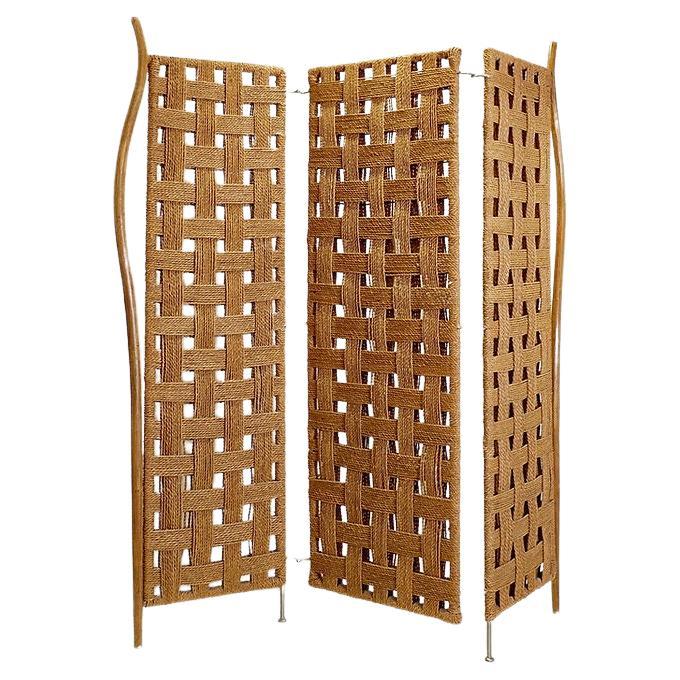 Rope and wood folding screen room divider in the style of Audoux Minnet For Sale