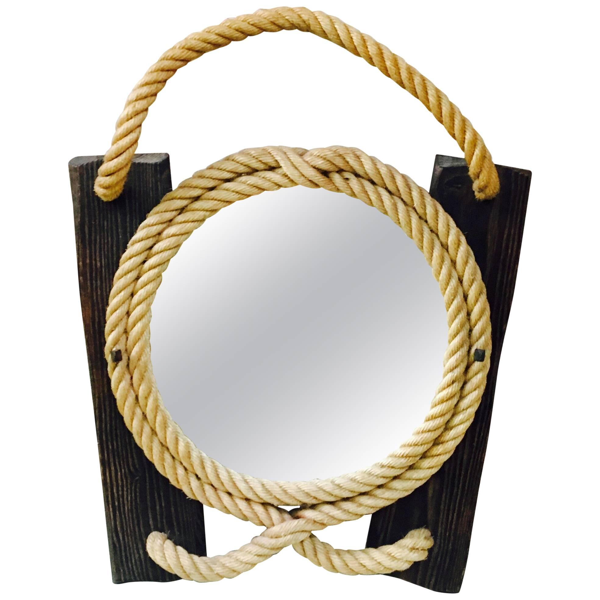 Mid-Century Rope and Wood Mirror Adrien Audoux & Frida Minet For Sale