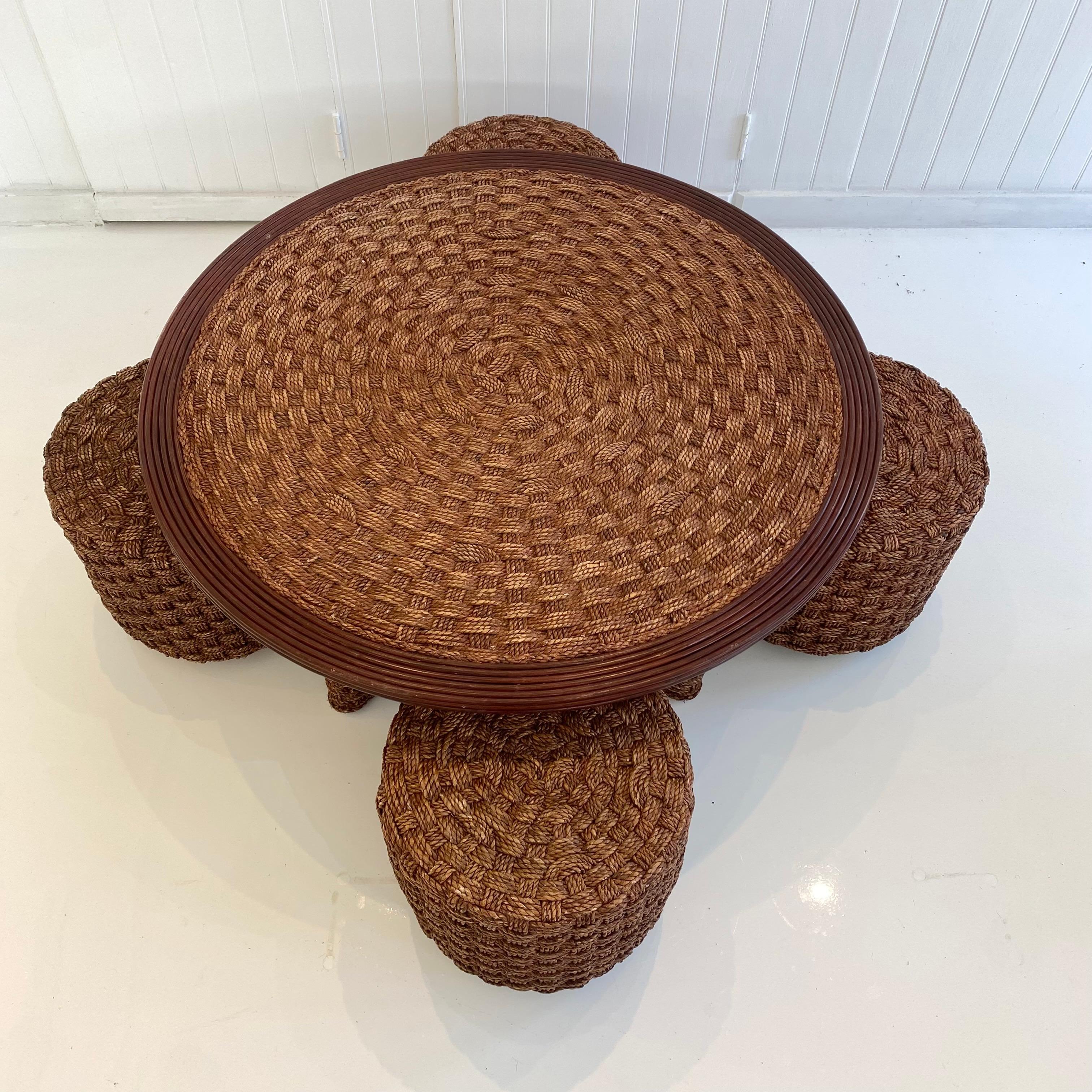 Rope and Wood Table with Four Nesting Stools, 1960s France In Good Condition For Sale In Los Angeles, CA