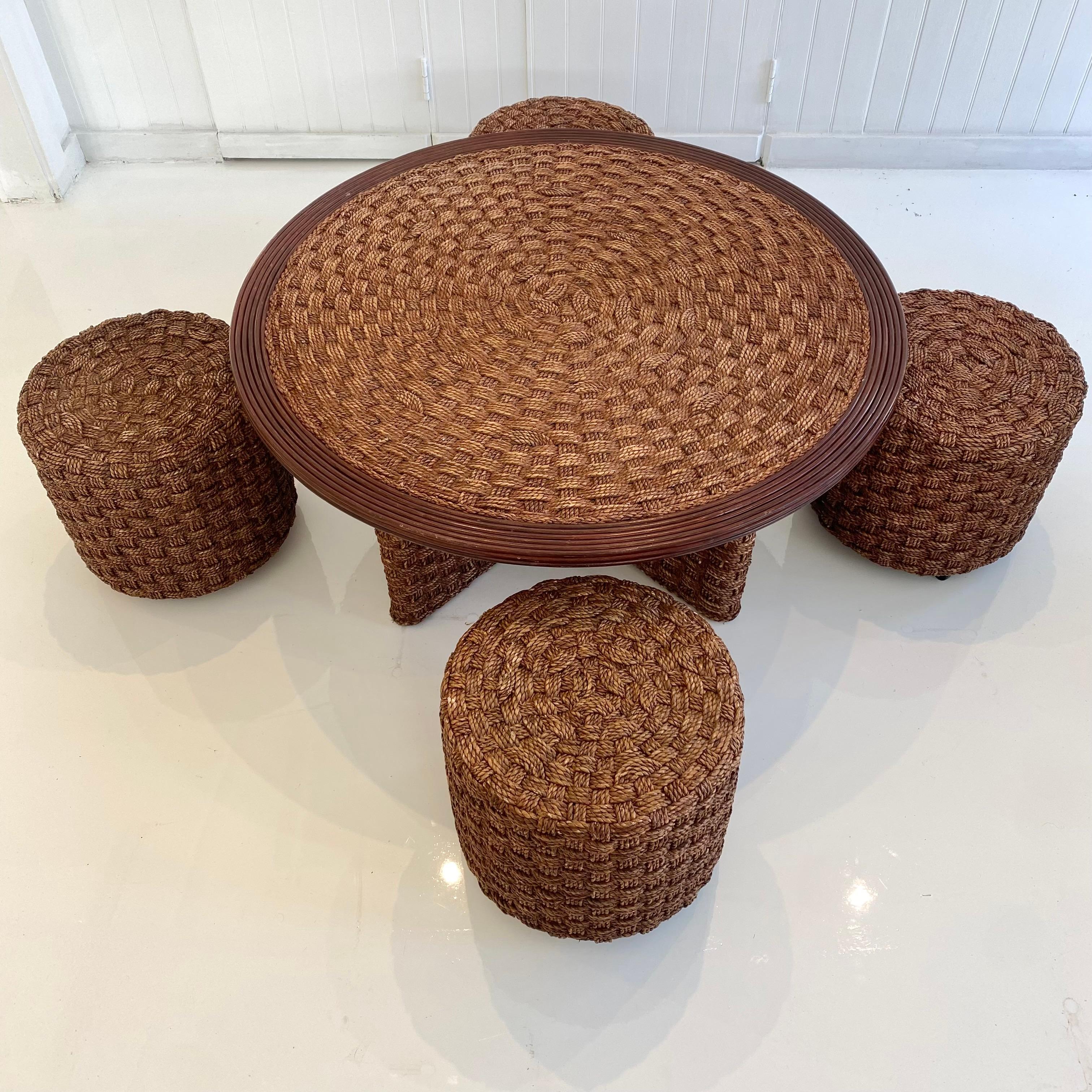 Mid-20th Century Rope and Wood Table with Four Nesting Stools, 1960s France For Sale