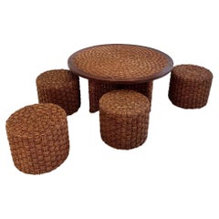 Retro Rope and Wood Table with Four Nesting Stools, 1960s France