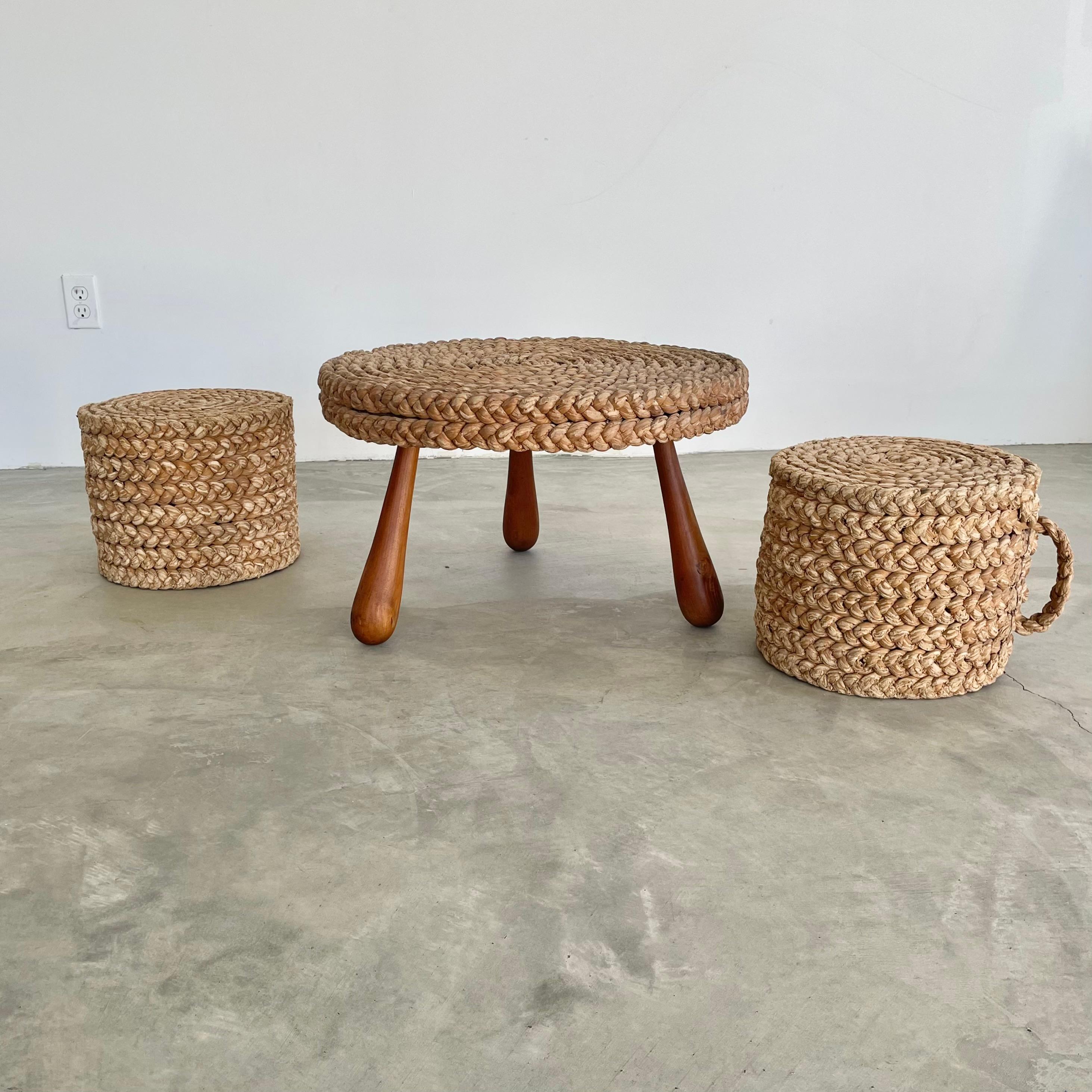 Rope and Wood Table with Two Nesting Stools, 1960s France For Sale 6