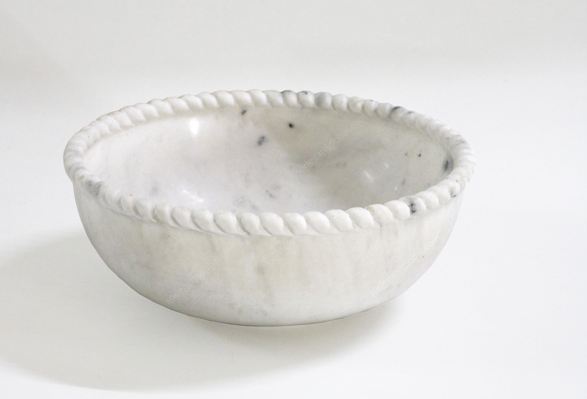 Hand-Carved Rope Bowl in White Marble Handcrafted in India by Stephanie Odegard For Sale