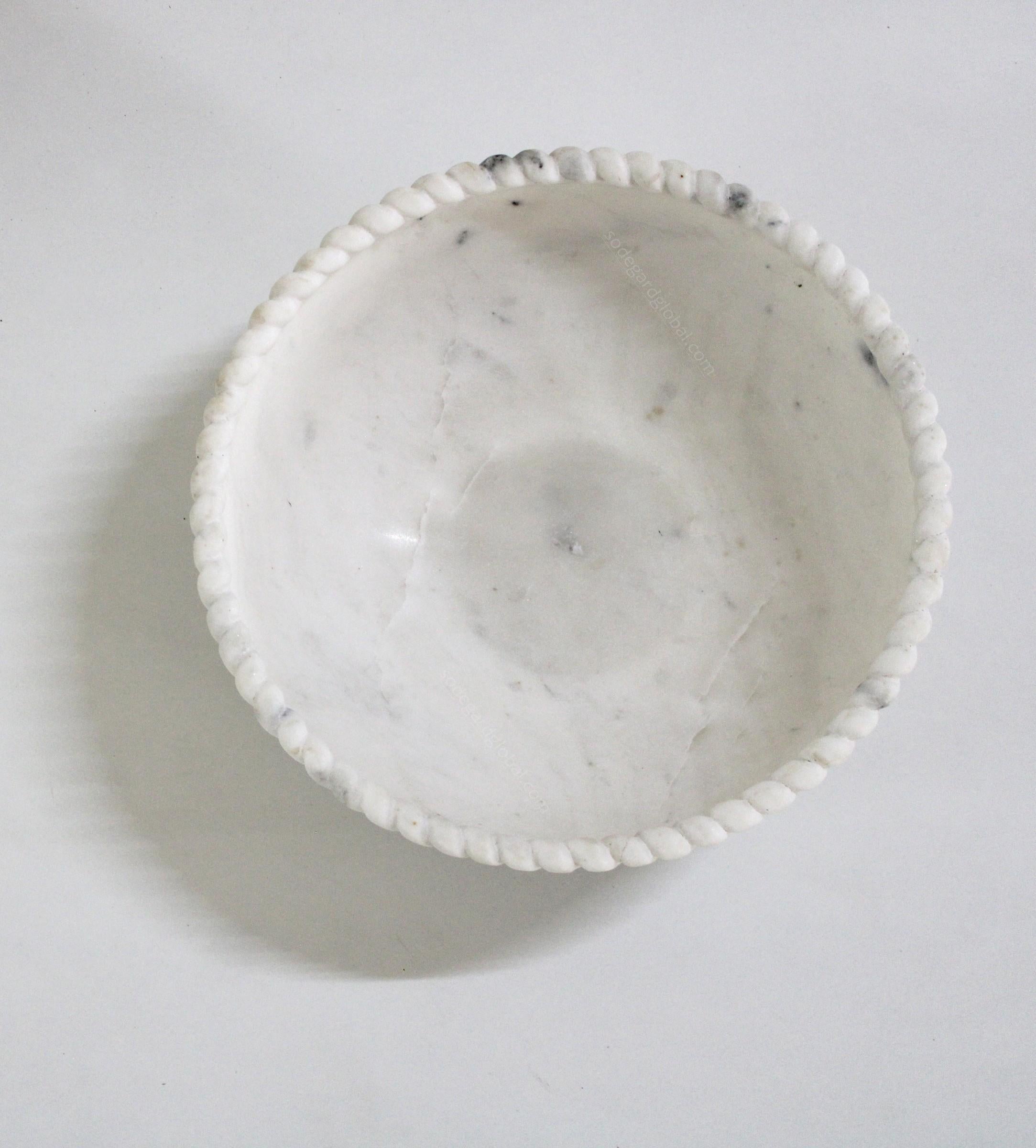 Contemporary Rope Bowl in White Marble Handcrafted in India by Stephanie Odegard For Sale