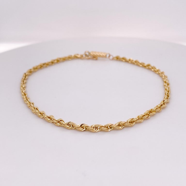 Rope Chain Semi Solid Bracelet, 14 Karat Yellow Gold, Barrel Clasp For