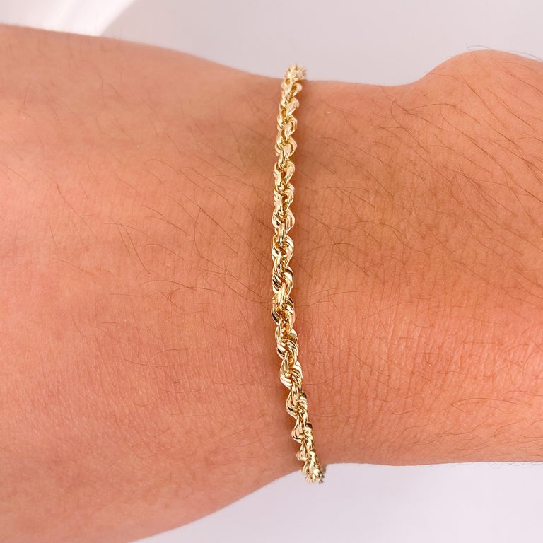 Rope Chain Semi Solid Bracelet, 14 Karat Yellow Gold, Barrel Clasp For