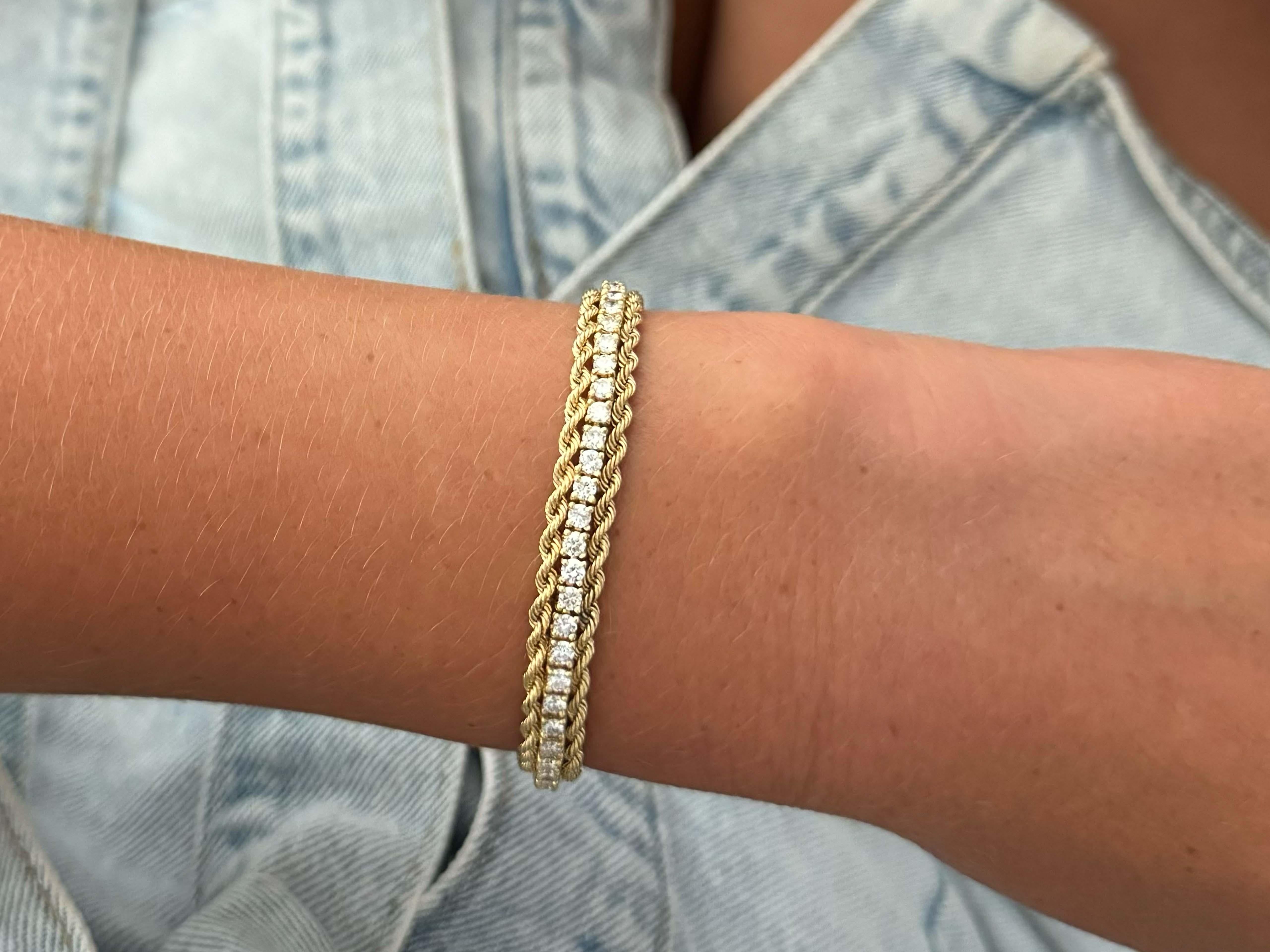 Bracelet Specifications:

Metal: 14k Yellow Gold

Diamond Count: 56 brilliant cut

Diamond Carat Weight: ~ 3.40 carats

Diamond Color: G-H

Diamond Clarity: SI1-I1

Bracelet Length: ~6.5