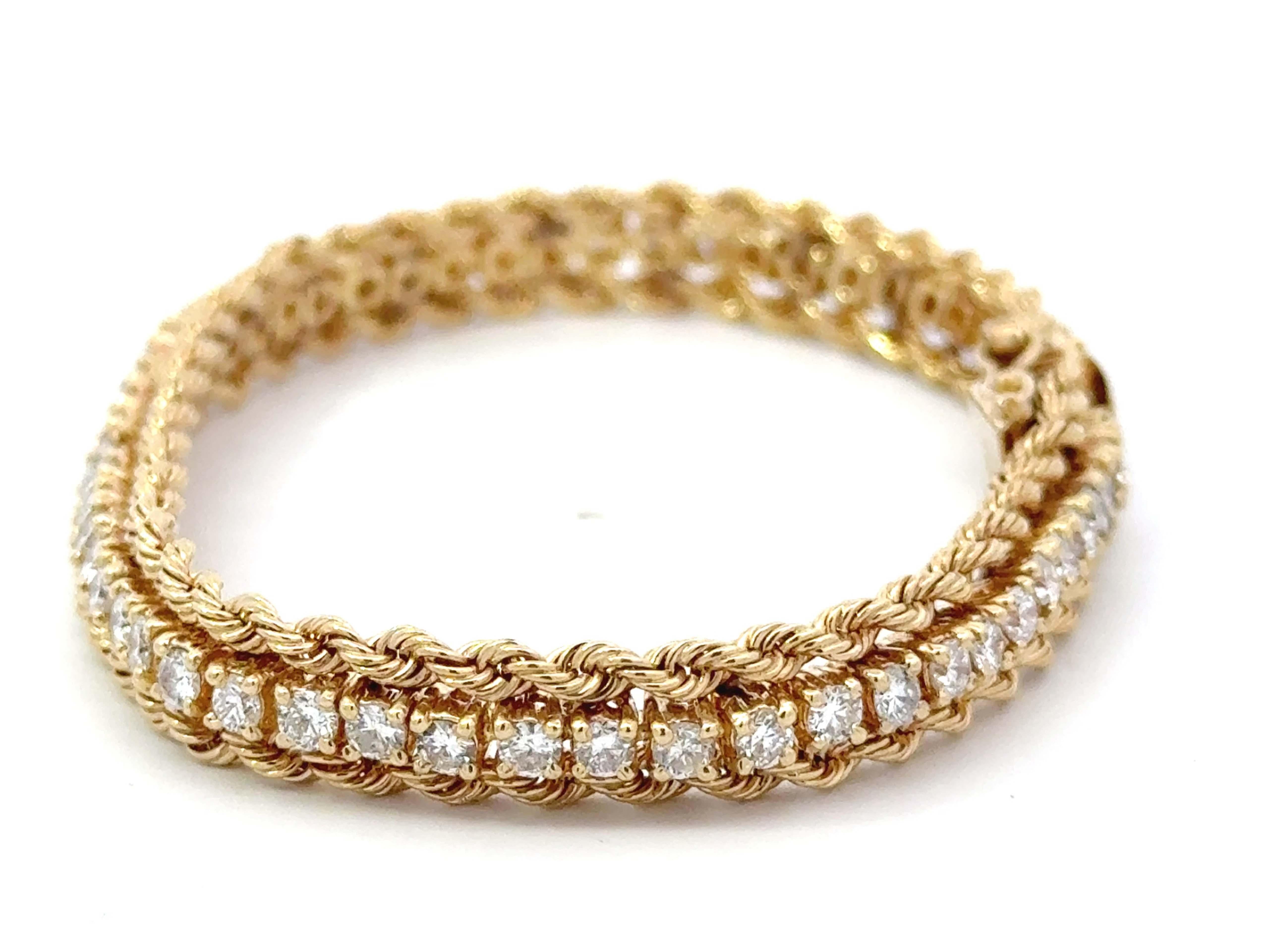 Rope Chain Diamond Tennis Bracelet 14k Yellow Gold In Excellent Condition In Honolulu, HI