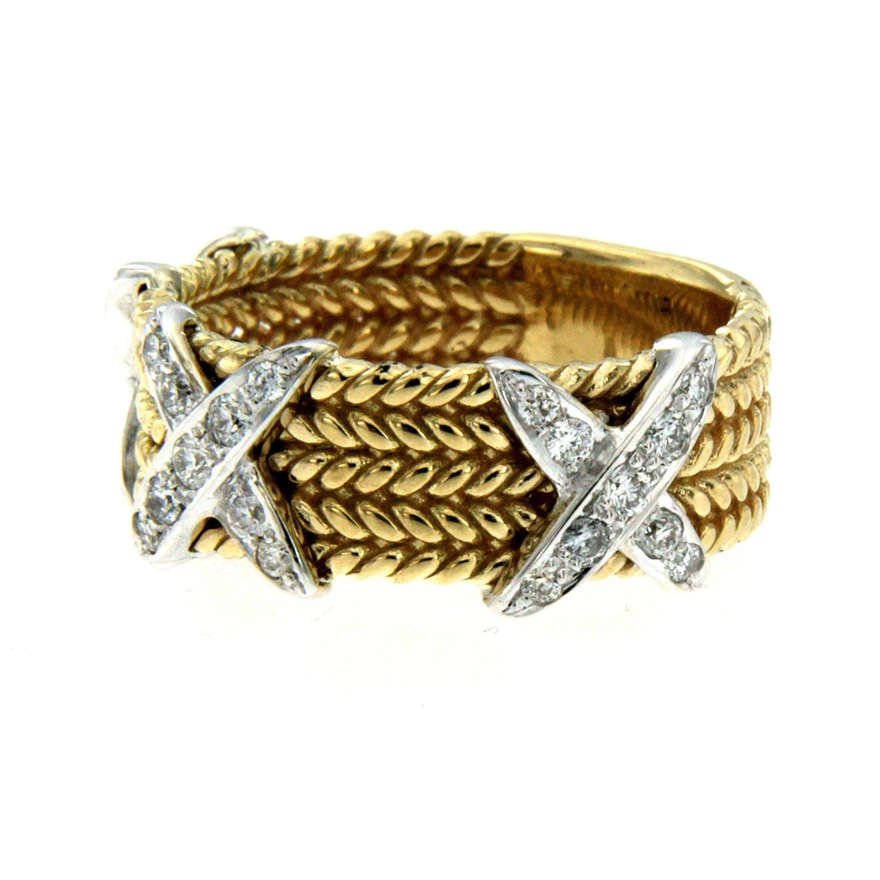 Contemporary Rope Design Diamond Gold Band Ring For Sale