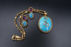 Rope Detail Cabochon Amethyst Turquoise Diamond Pendant Chain and Earrings Set