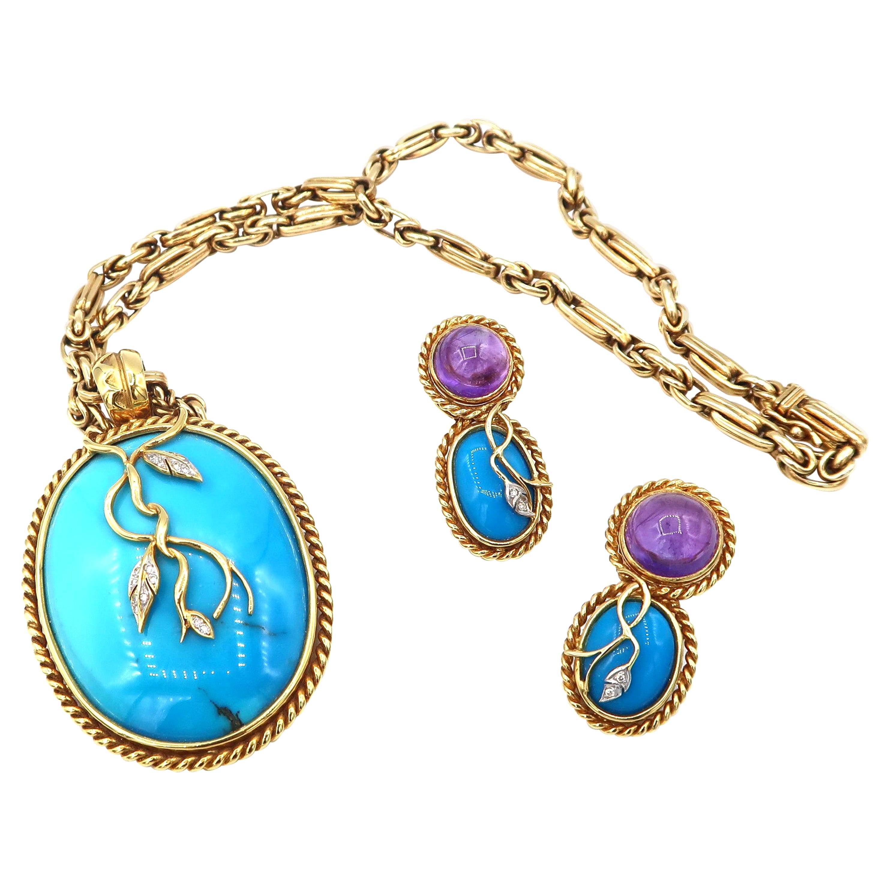 Rope Detail Cabochon Amethyst Turquoise Diamond Pendant Chain and Earrings Set