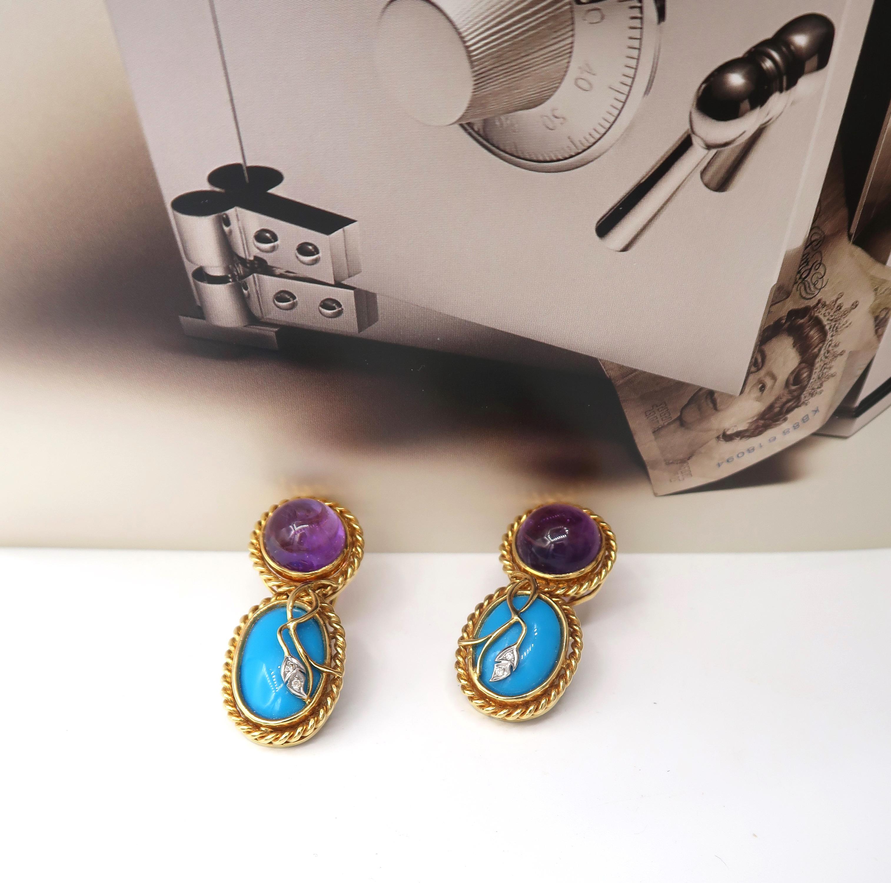 Rope Detail Gold Cabochon Amethyst Turquoise Diamond Clip-On Nonpierced Earrings In New Condition For Sale In Bangkok, TH