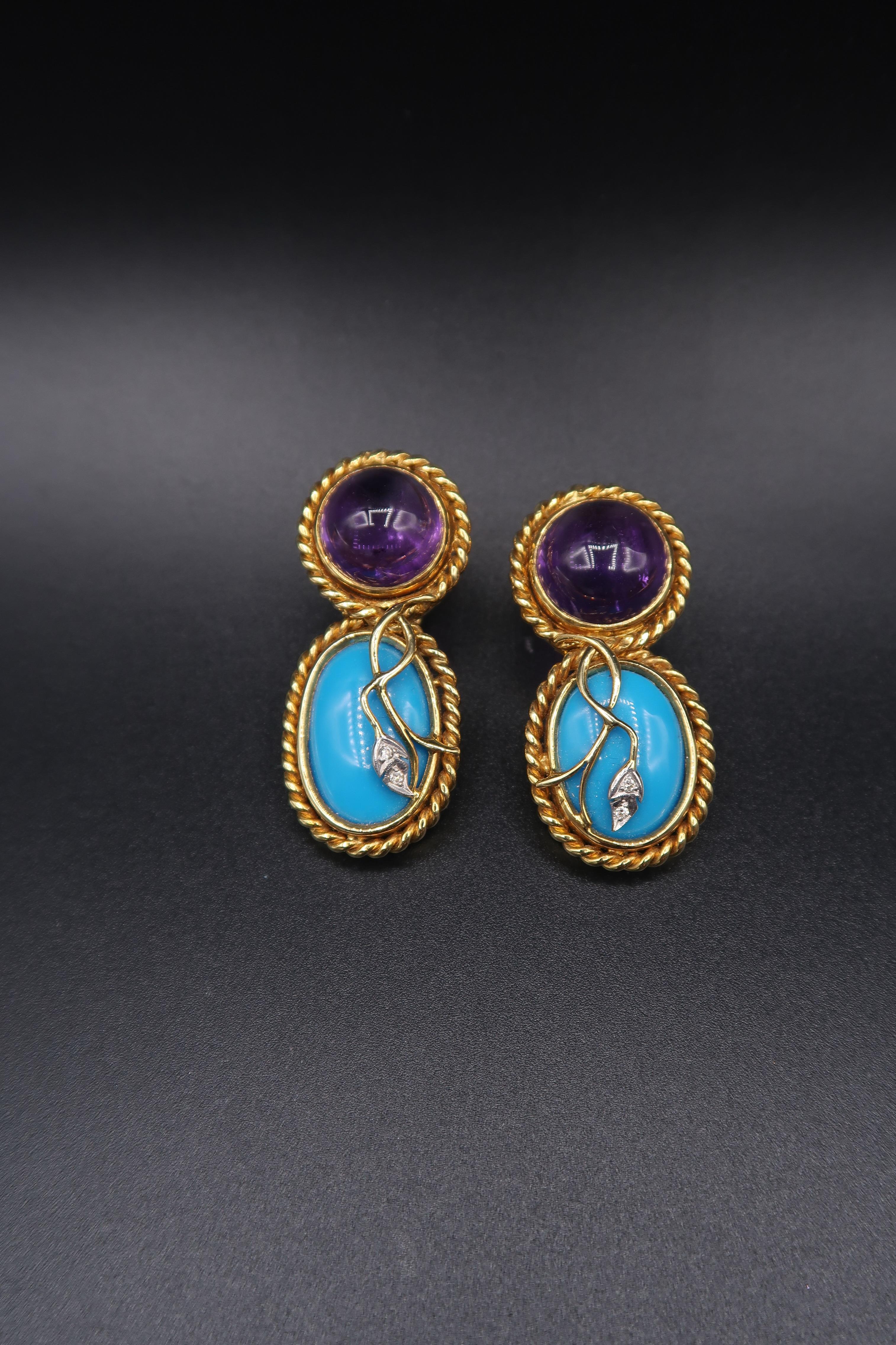 Women's Rope Detail Gold Cabochon Amethyst Turquoise Diamond Clip-On Nonpierced Earrings For Sale