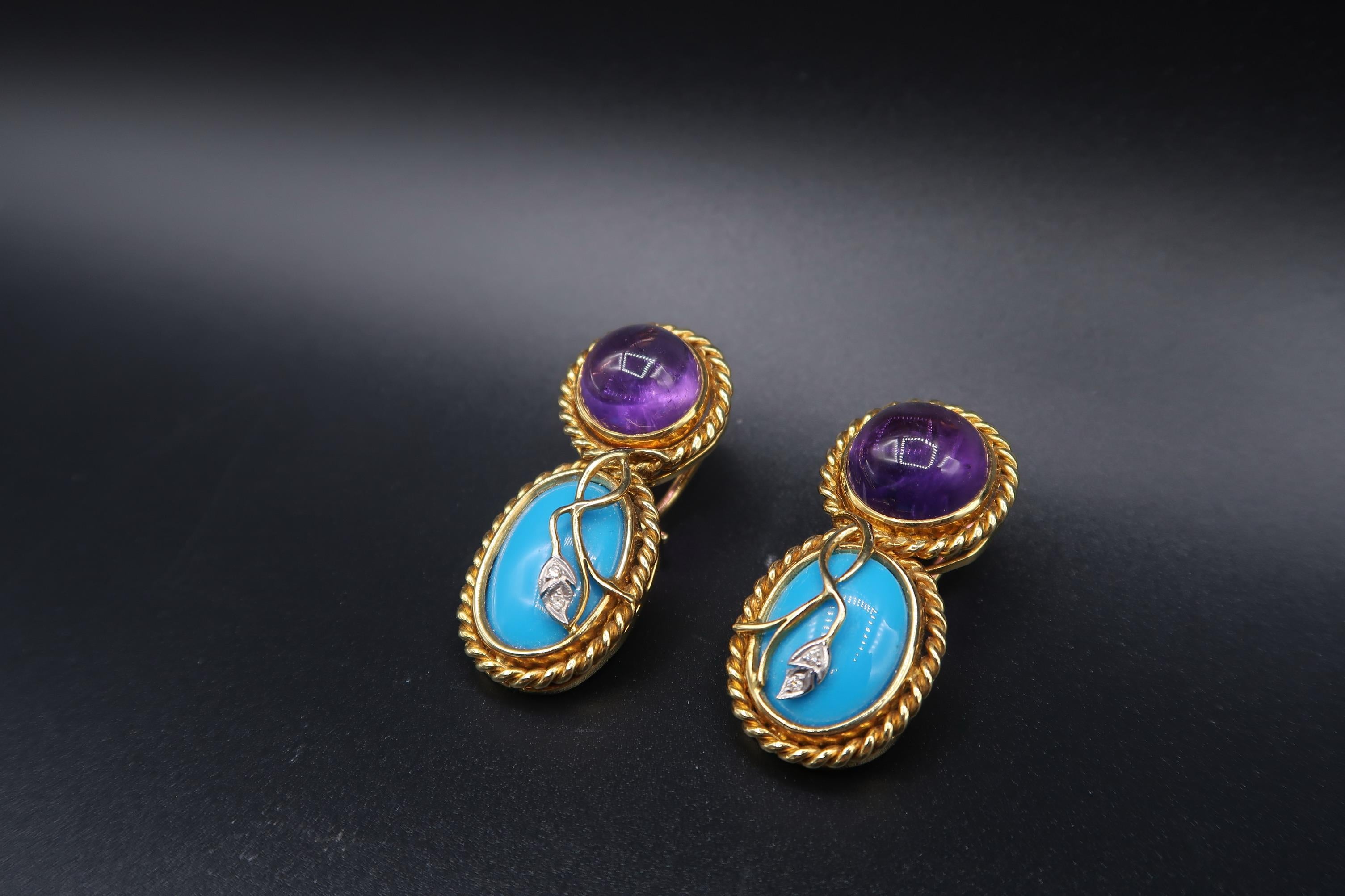 Rope Detail Gold Cabochon Amethyst Turquoise Diamond Clip-On Nonpierced Earrings For Sale 1