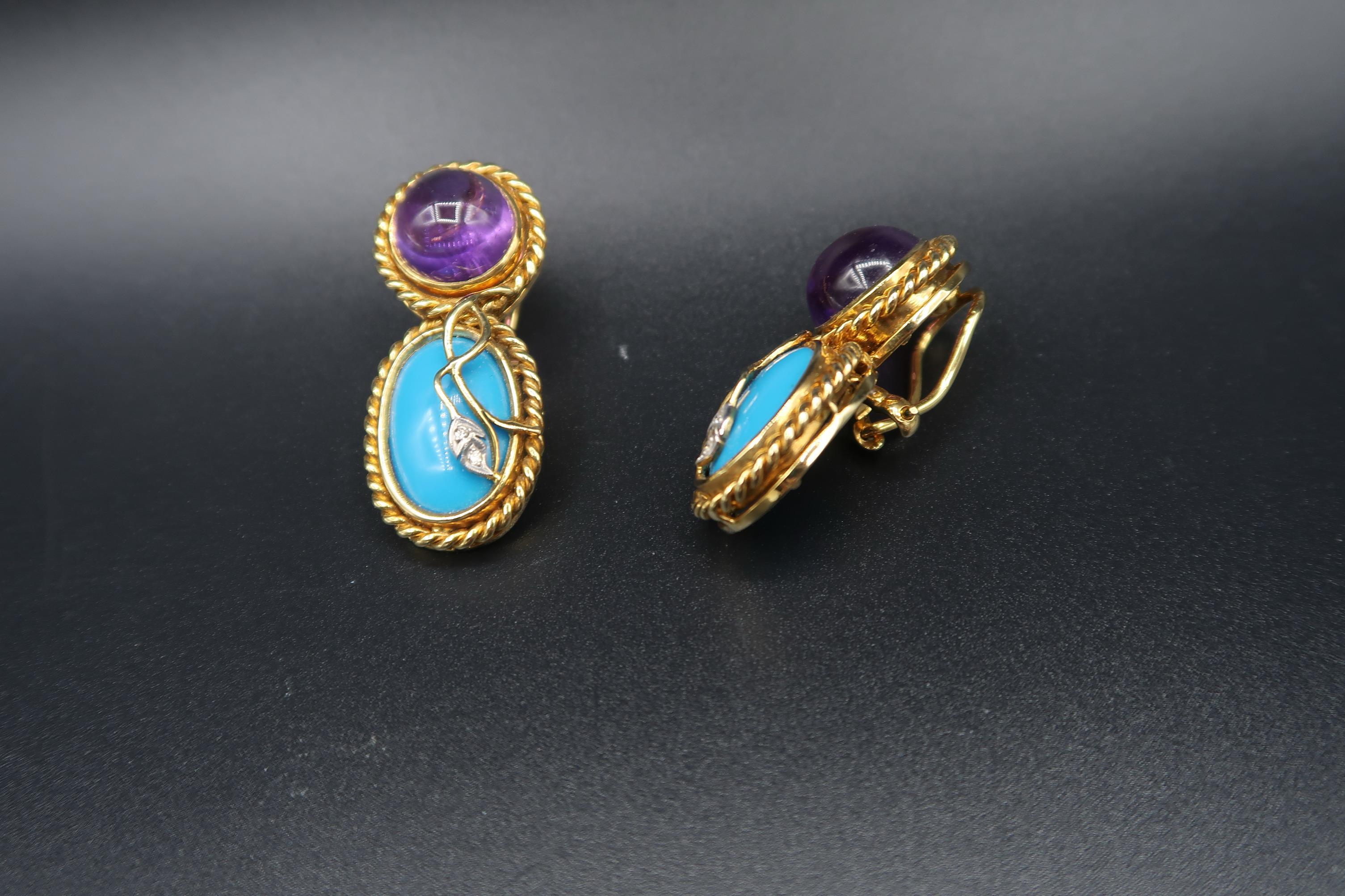 Rope Detail Gold Cabochon Amethyst Turquoise Diamond Clip-On Nonpierced Earrings For Sale 2