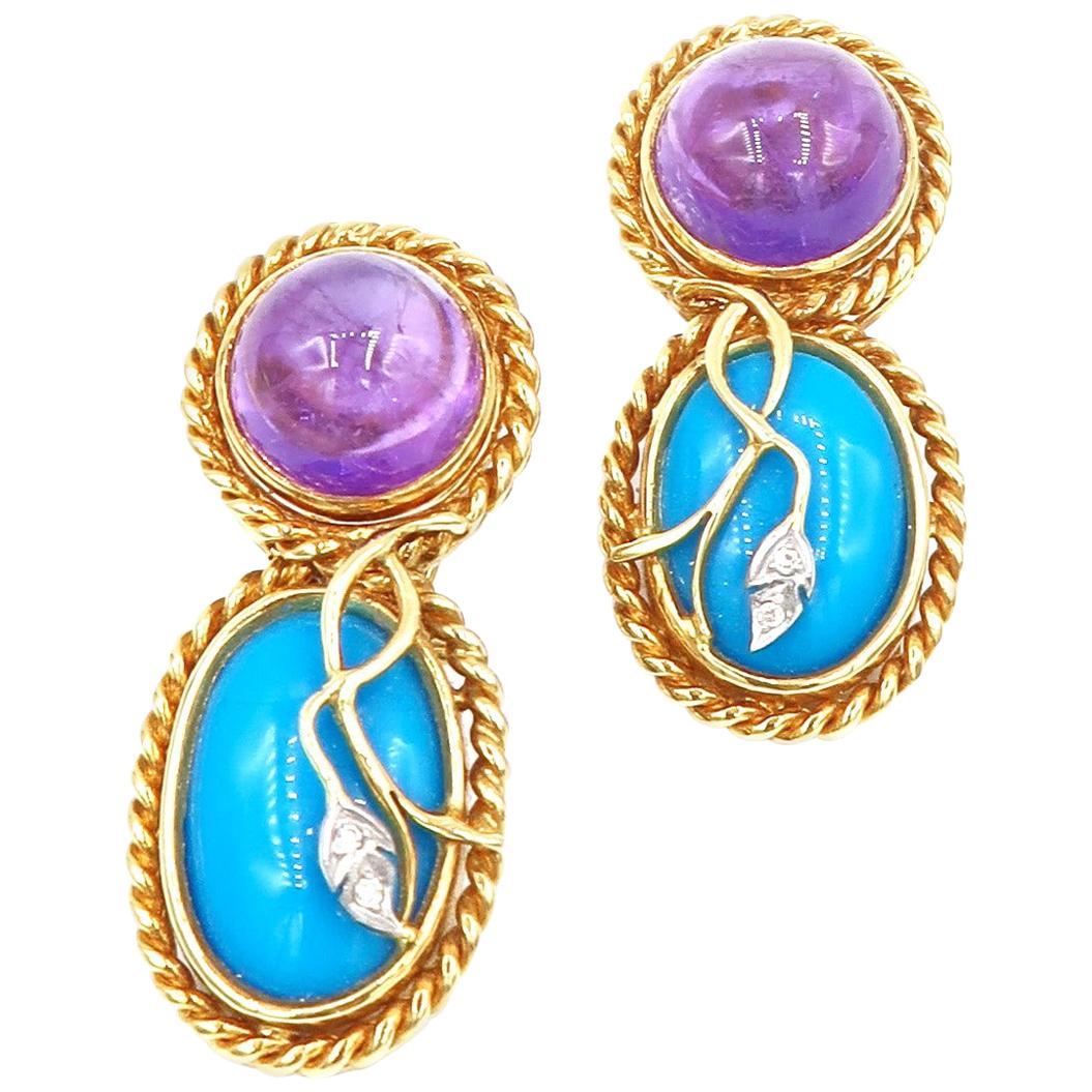 Rope Detail Gold Cabochon Amethyst Turquoise Diamond Clip-On Nonpierced Earrings For Sale