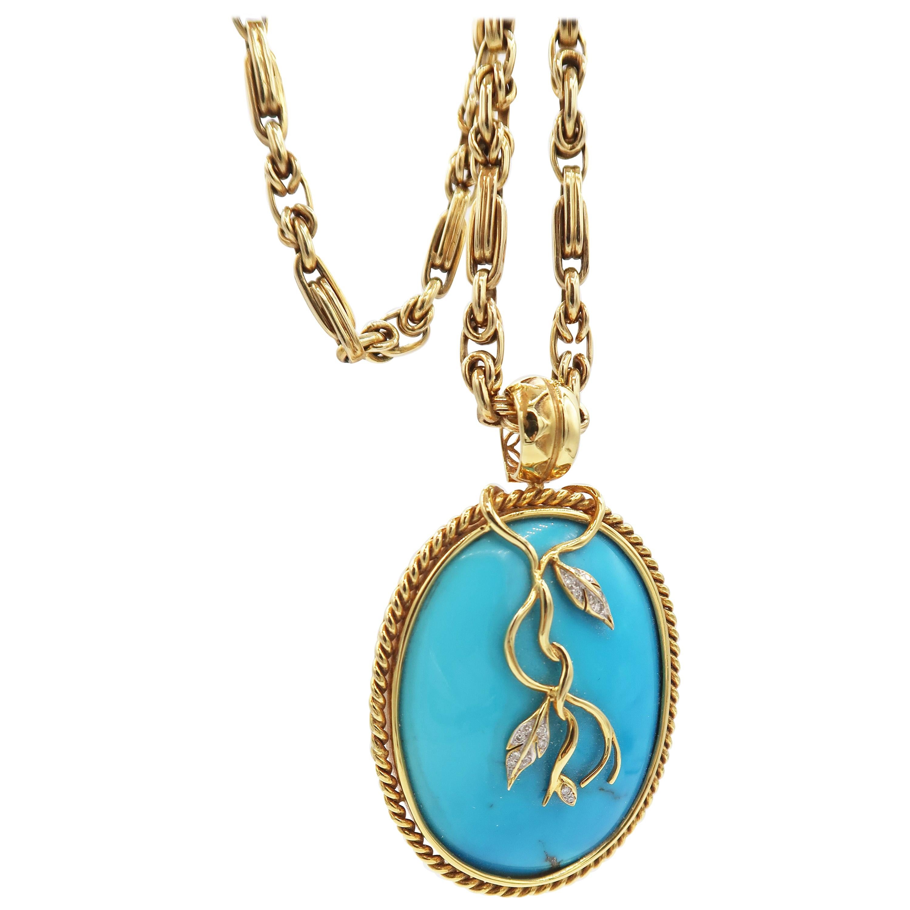 Rope Detail Openable Pendant Cabochon Turquoise Diamond Vine Gold Link Chain For Sale