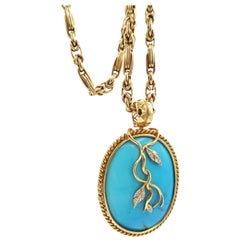 Rope Detail Openable Pendant Cabochon Turquoise Diamond Vine Gold Link Chain