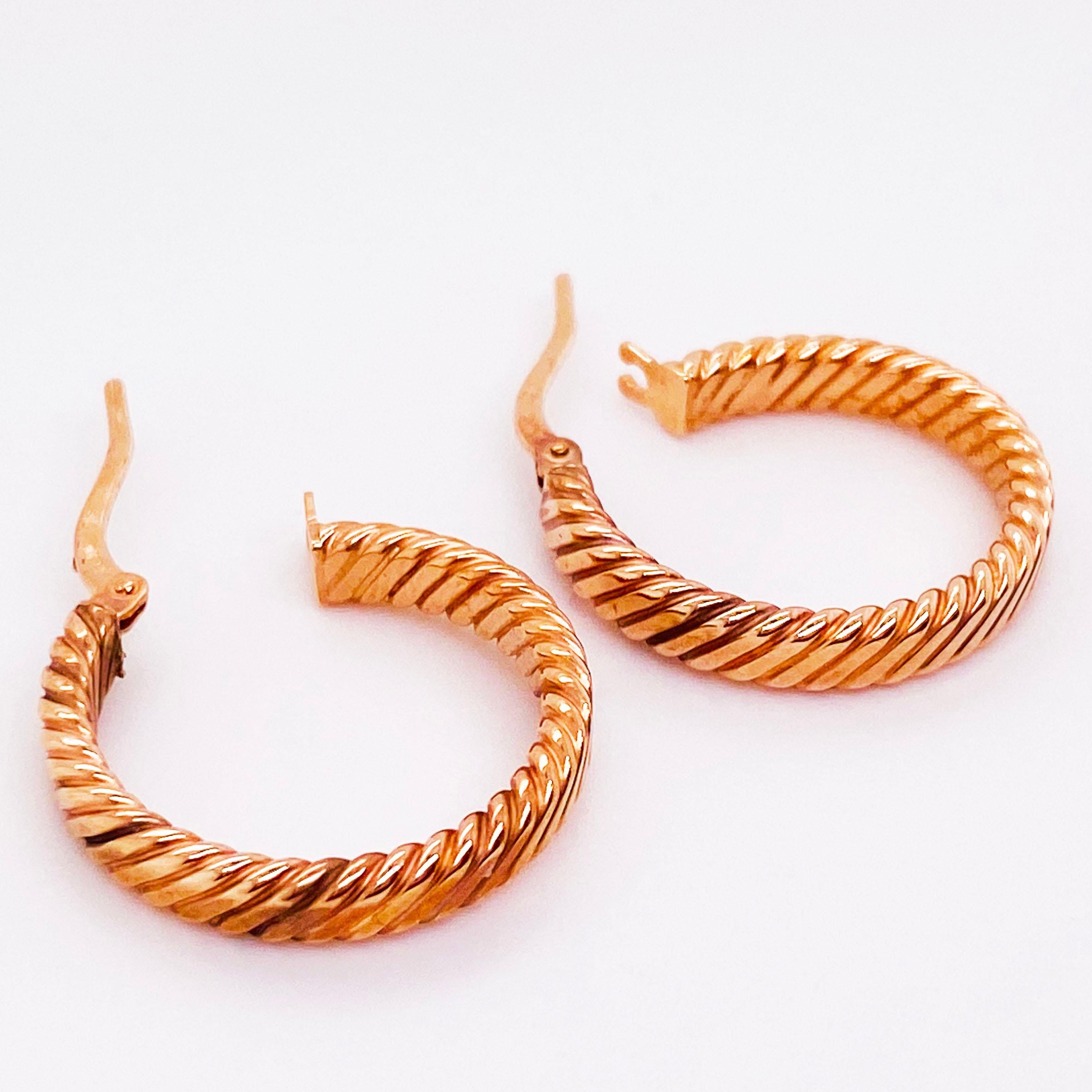 Artisan Rope Earrings, 14 Karat Rose Gold 18 mm x 3 mm Designer Hoop Earrings