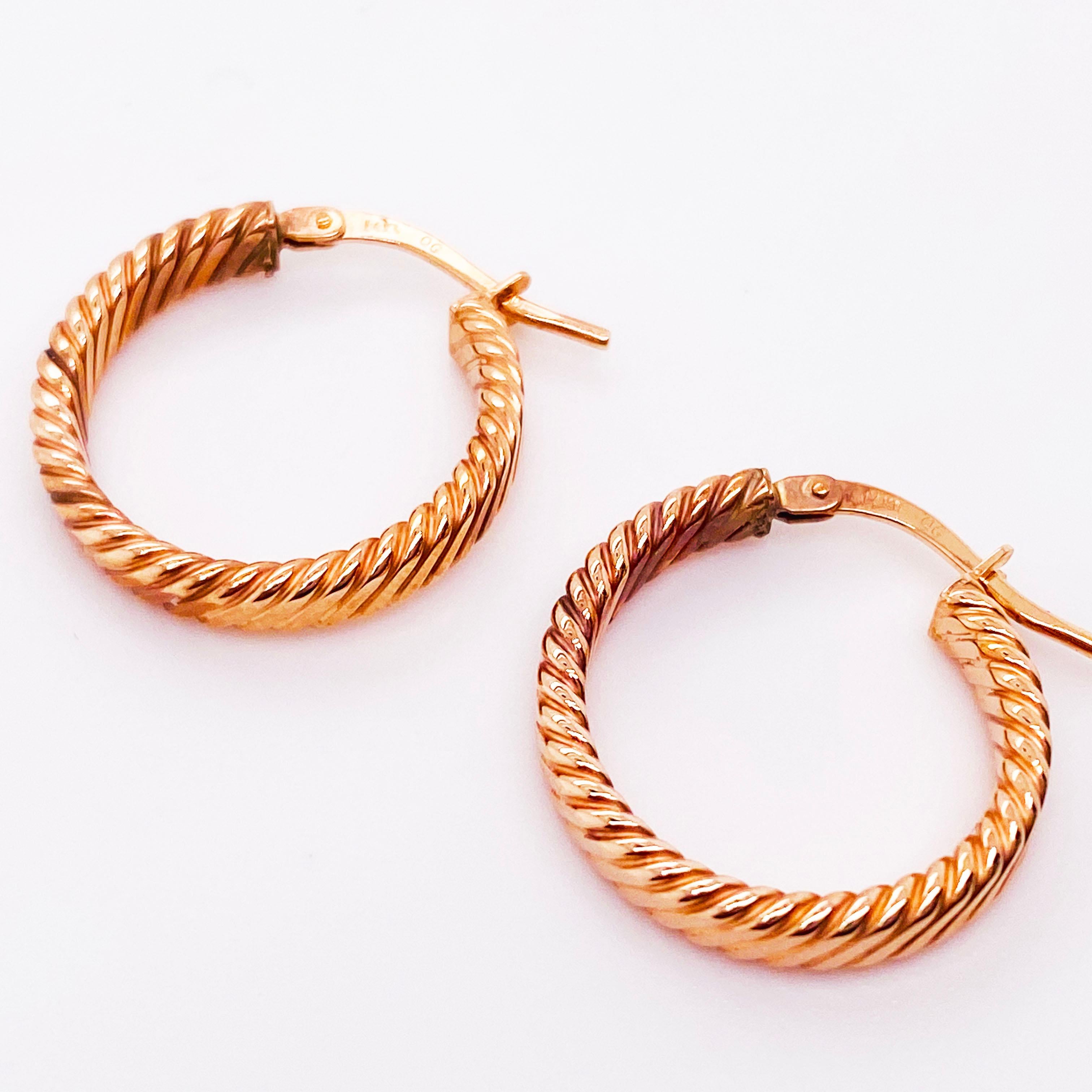 Rope Earrings, 14 Karat Rose Gold 18 mm x 3 mm Designer Hoop Earrings In New Condition In Austin, TX