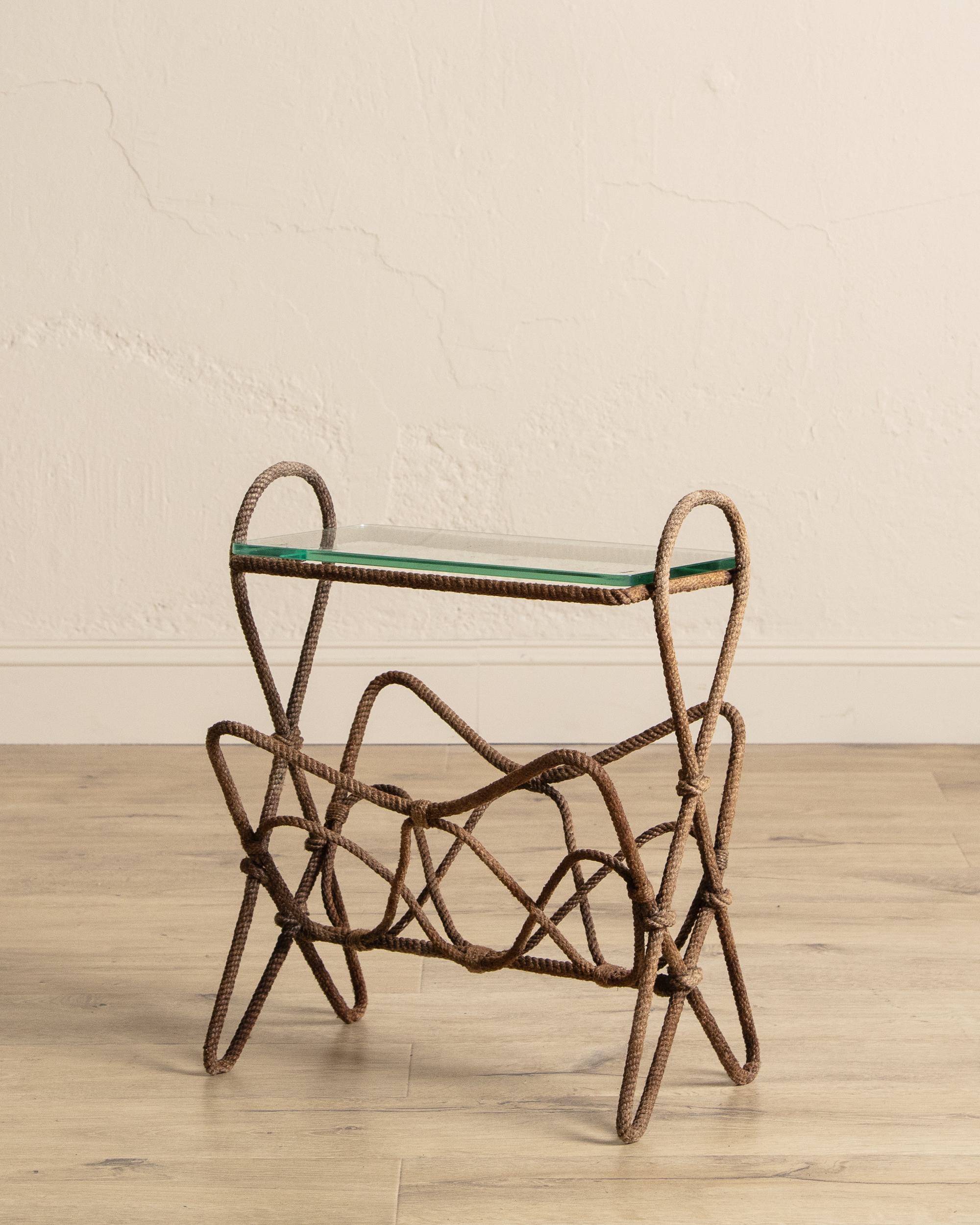 Brutalist Rope & Glass Magazine Side Table by Auduox Minnet, France, 1960's For Sale
