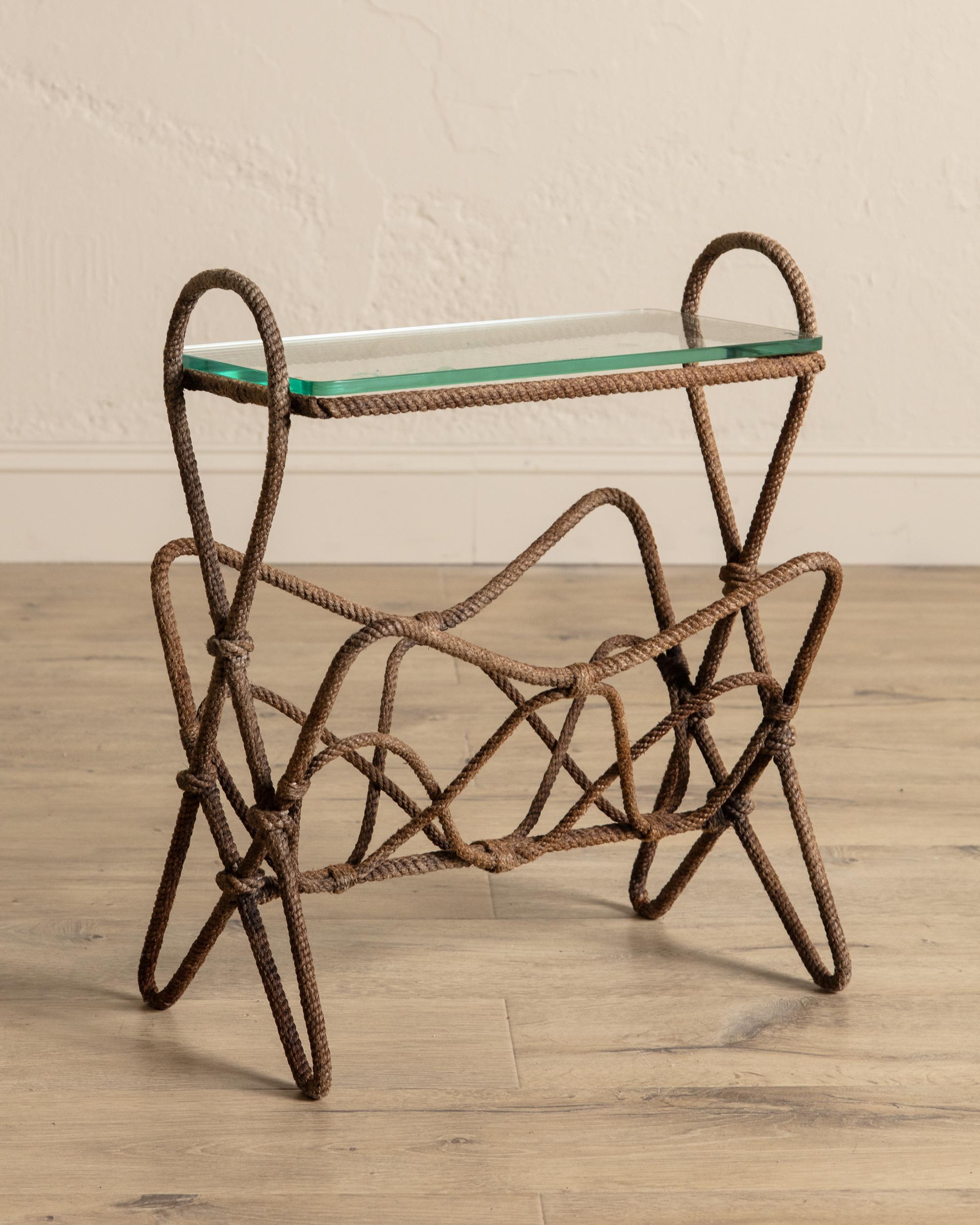 Hand-Crafted Rope & Glass Magazine Side Table by Auduox Minnet, France, 1960's For Sale
