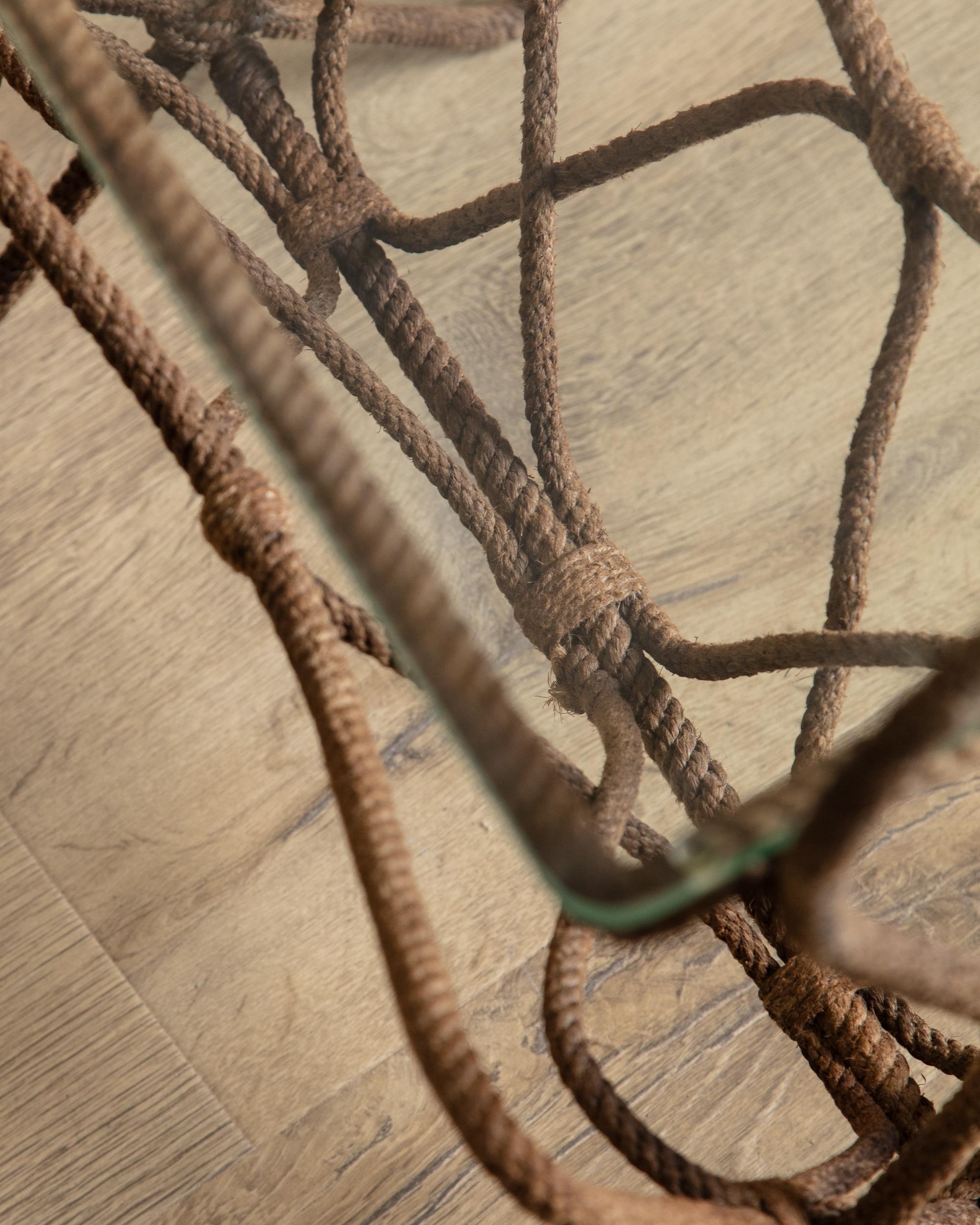 Rope & Glass Magazine Side Table by Auduox Minnet, France, 1960's In Good Condition For Sale In Los Angeles, CA