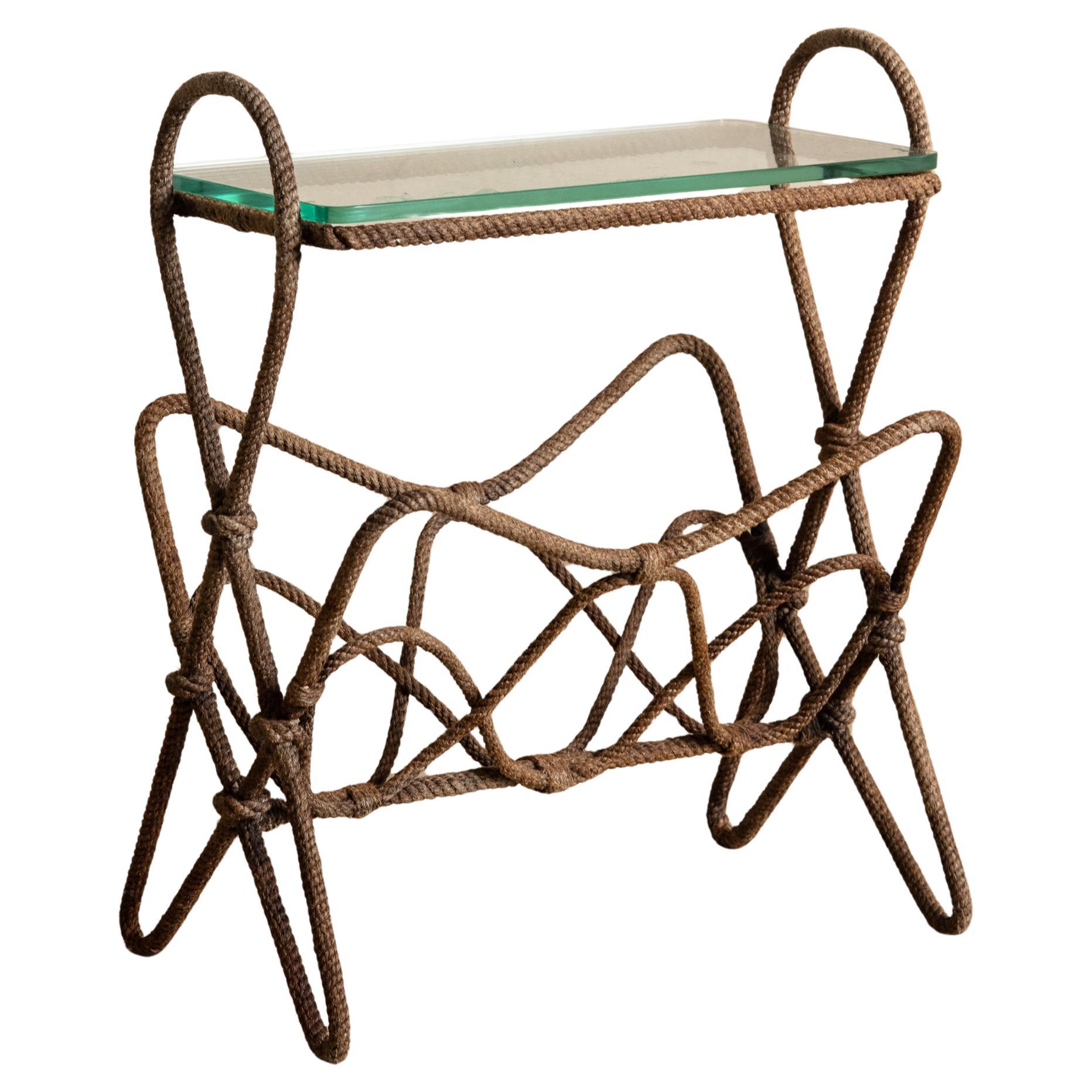 Rope & Glass Magazine Side Table by Auduox Minnet, France, 1960's For Sale