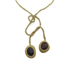 Gold color Thread Brown Wood Beads Contemporary Rope Necklace Matching Earrings