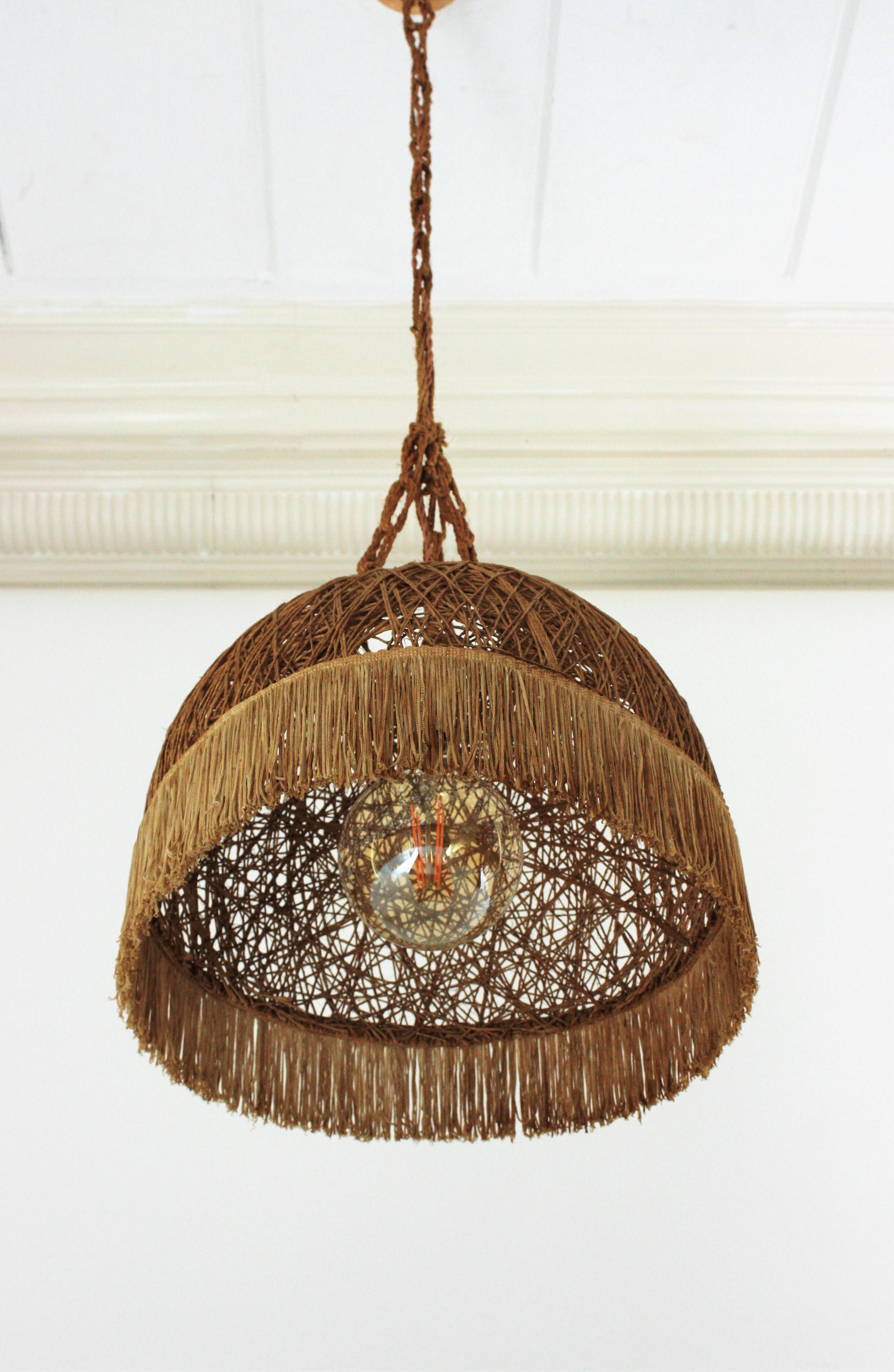Jute Spanish Rope Hand Woven Pendant Lamp / Suspension with Fringe For Sale
