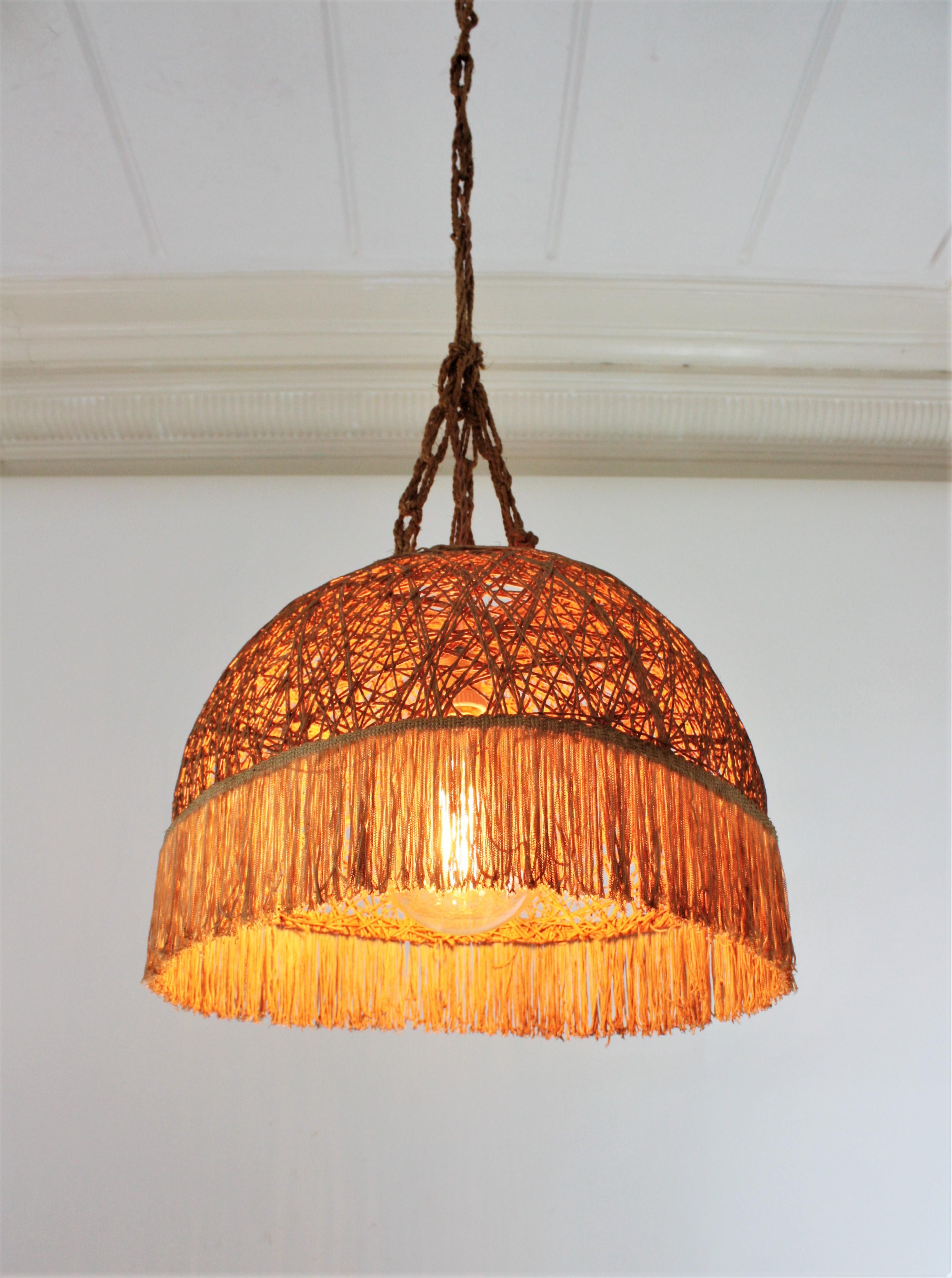 Spanish Rope Hand Woven Pendant Lamp / Suspension with Fringe For Sale 1