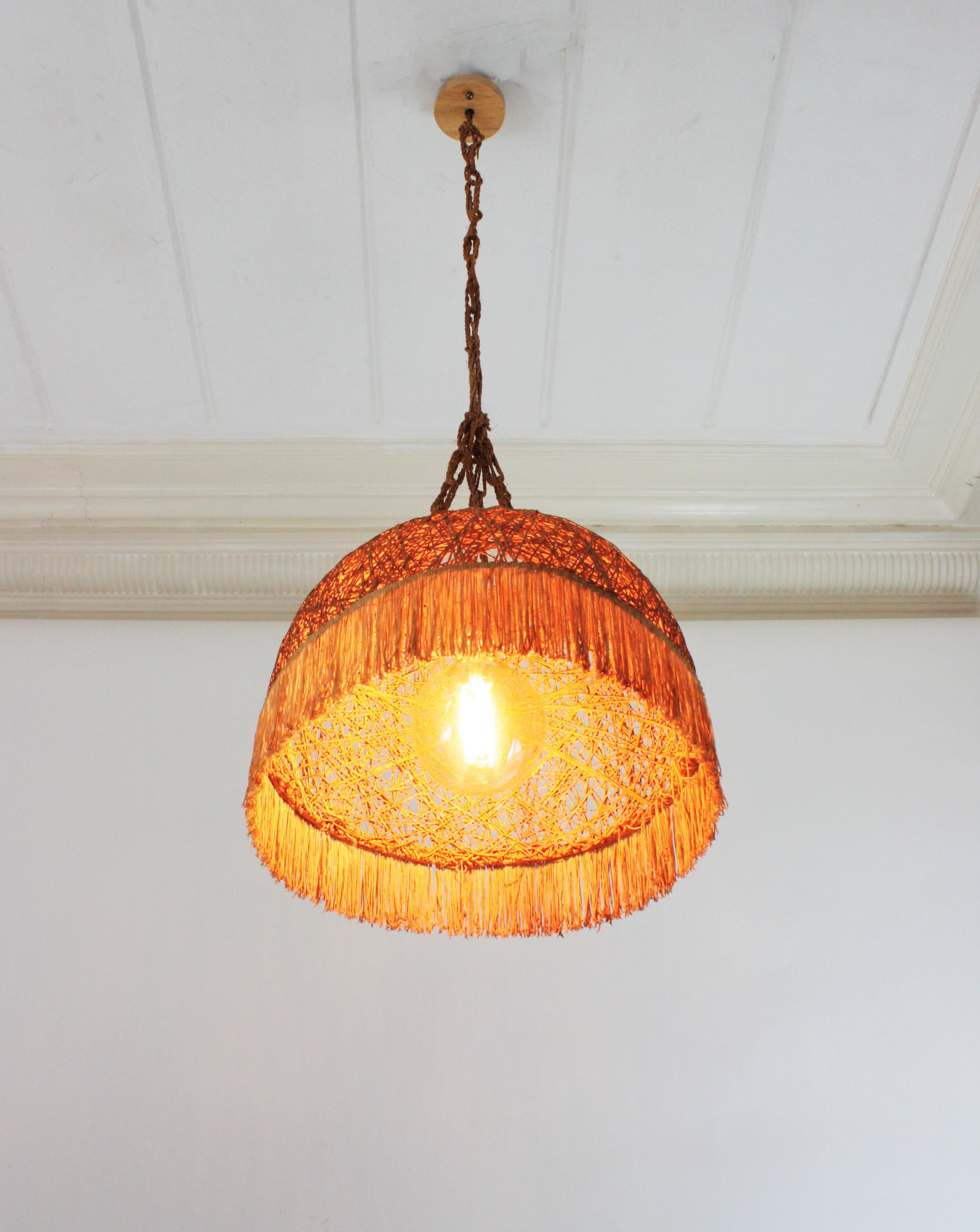 Spanish Rope Hand Woven Pendant Lamp / Suspension with Fringe For Sale 2