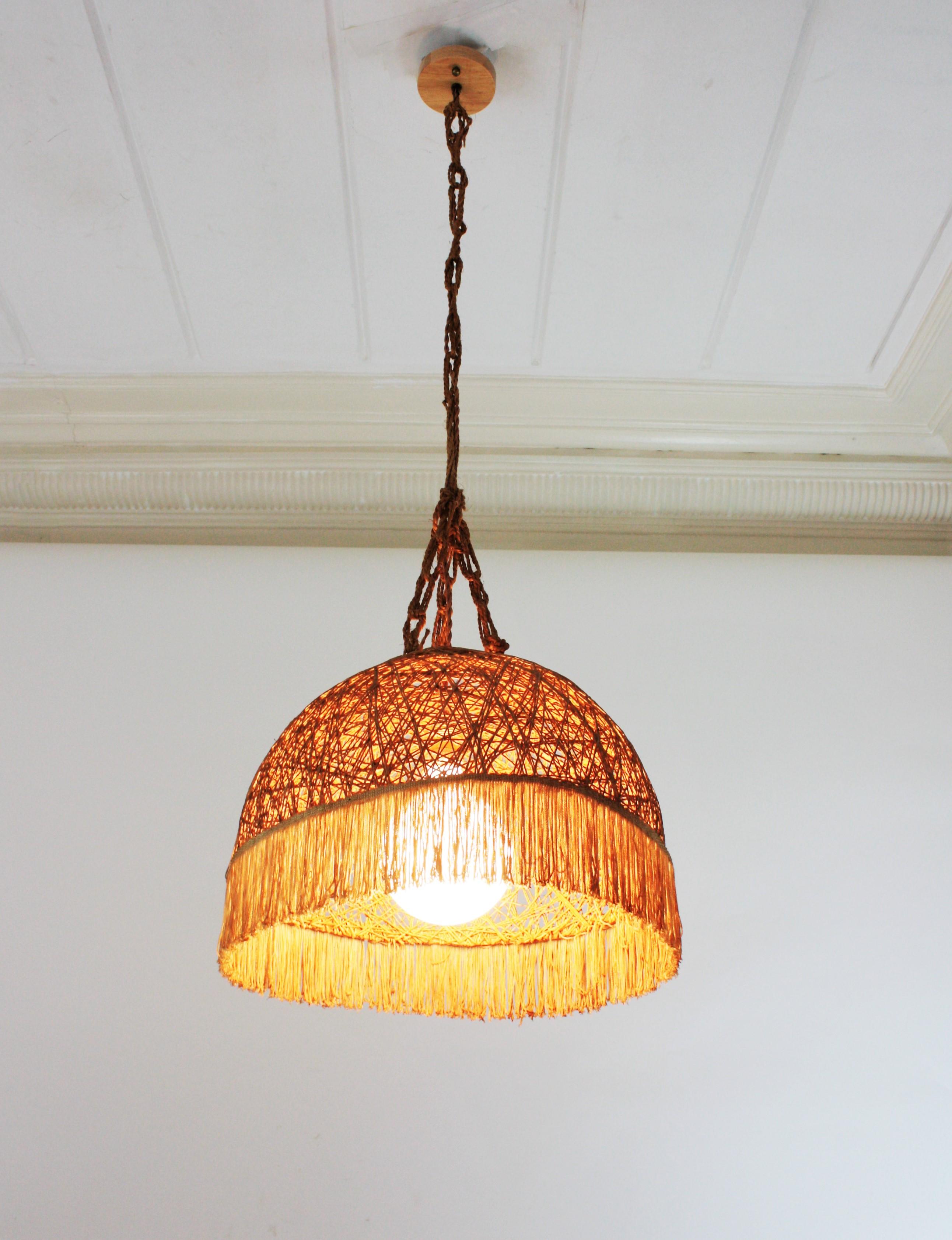 Spanish Rope Hand Woven Pendant Lamp / Suspension with Fringe For Sale 3