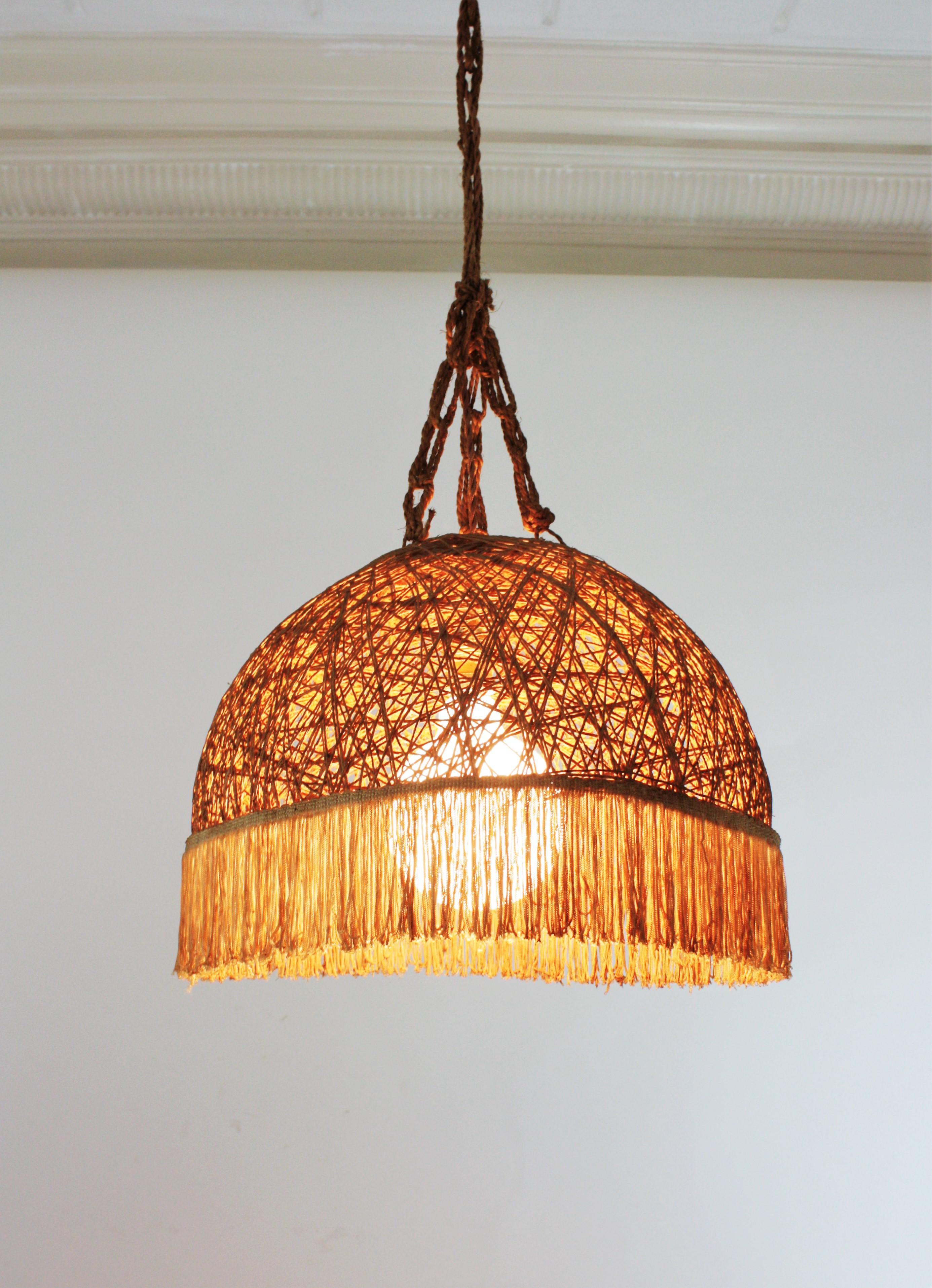 Spanish Rope Hand Woven Pendant Lamp / Suspension with Fringe For Sale 4