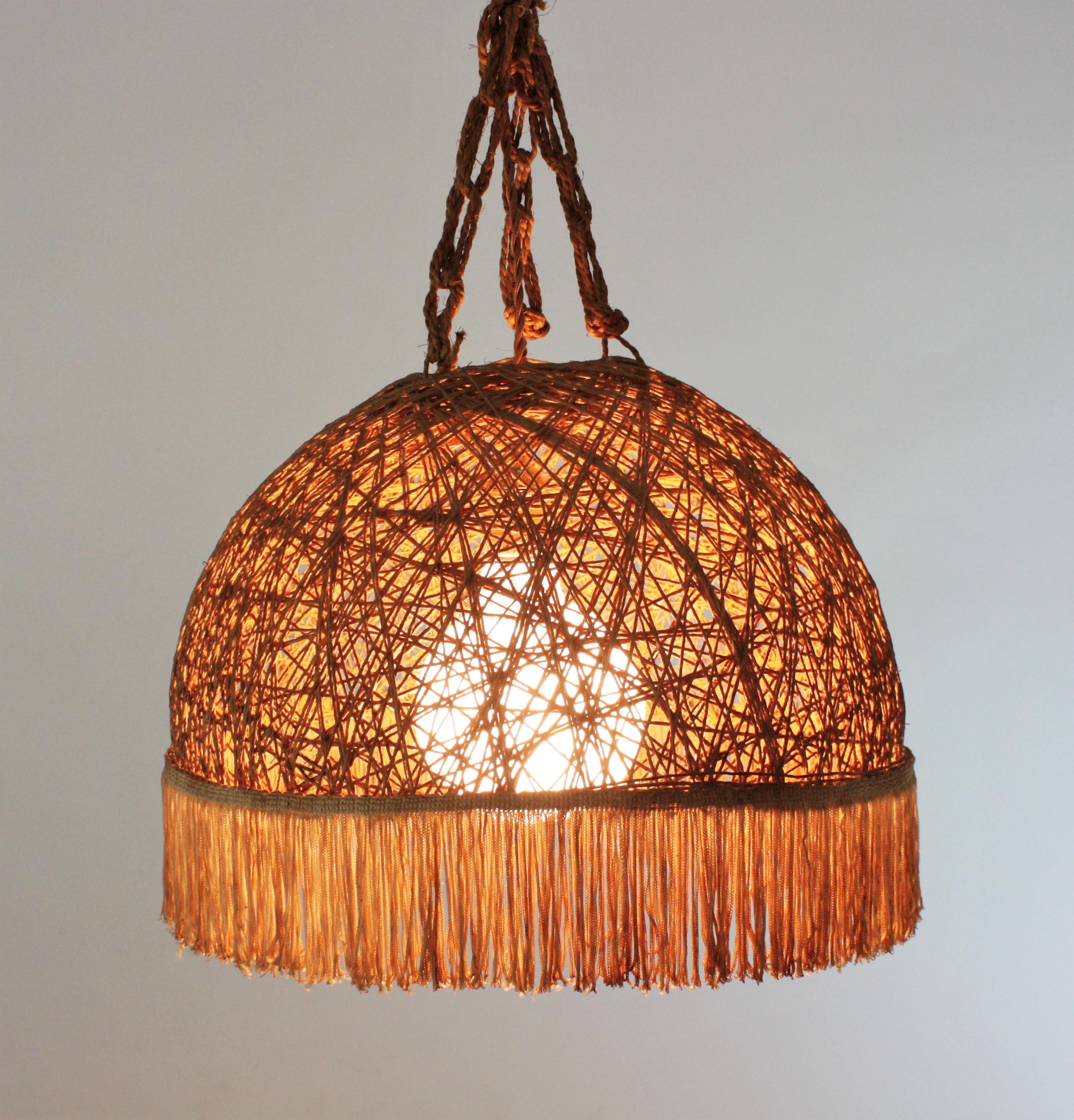 Spanish Rope Hand Woven Pendant Lamp / Suspension with Fringe For Sale 6