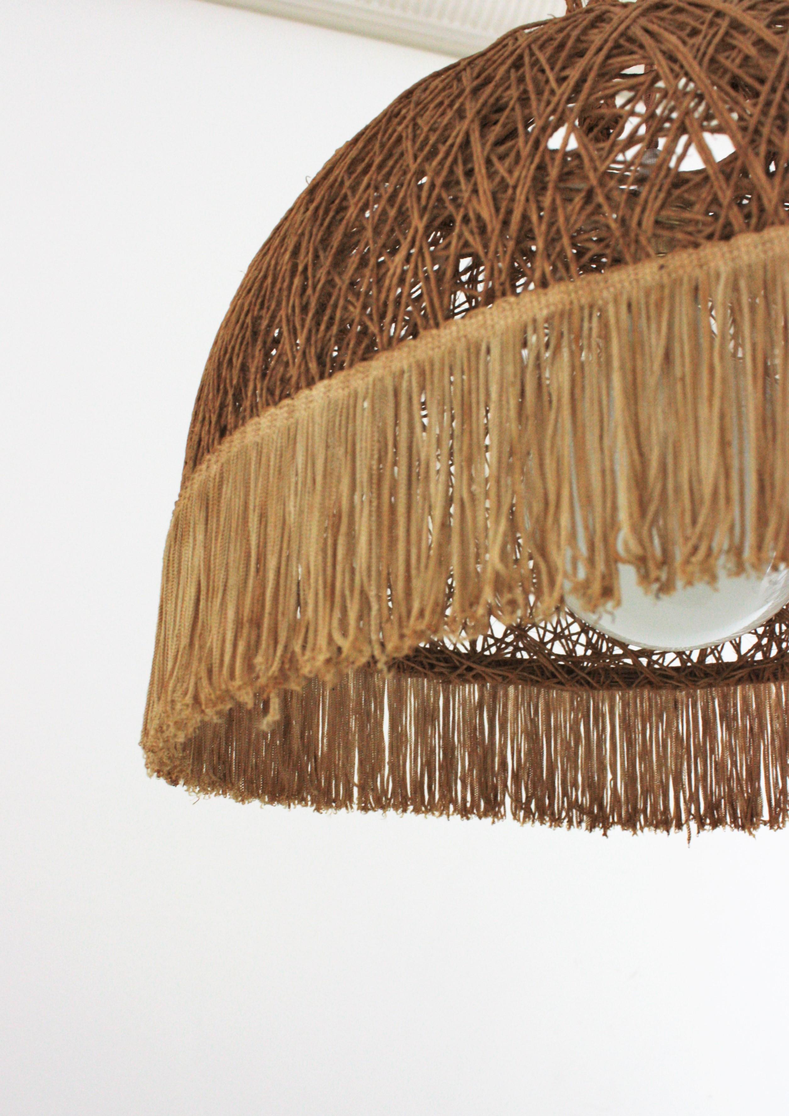 Spanish Rope Hand Woven Pendant Lamp / Suspension with Fringe For Sale 7
