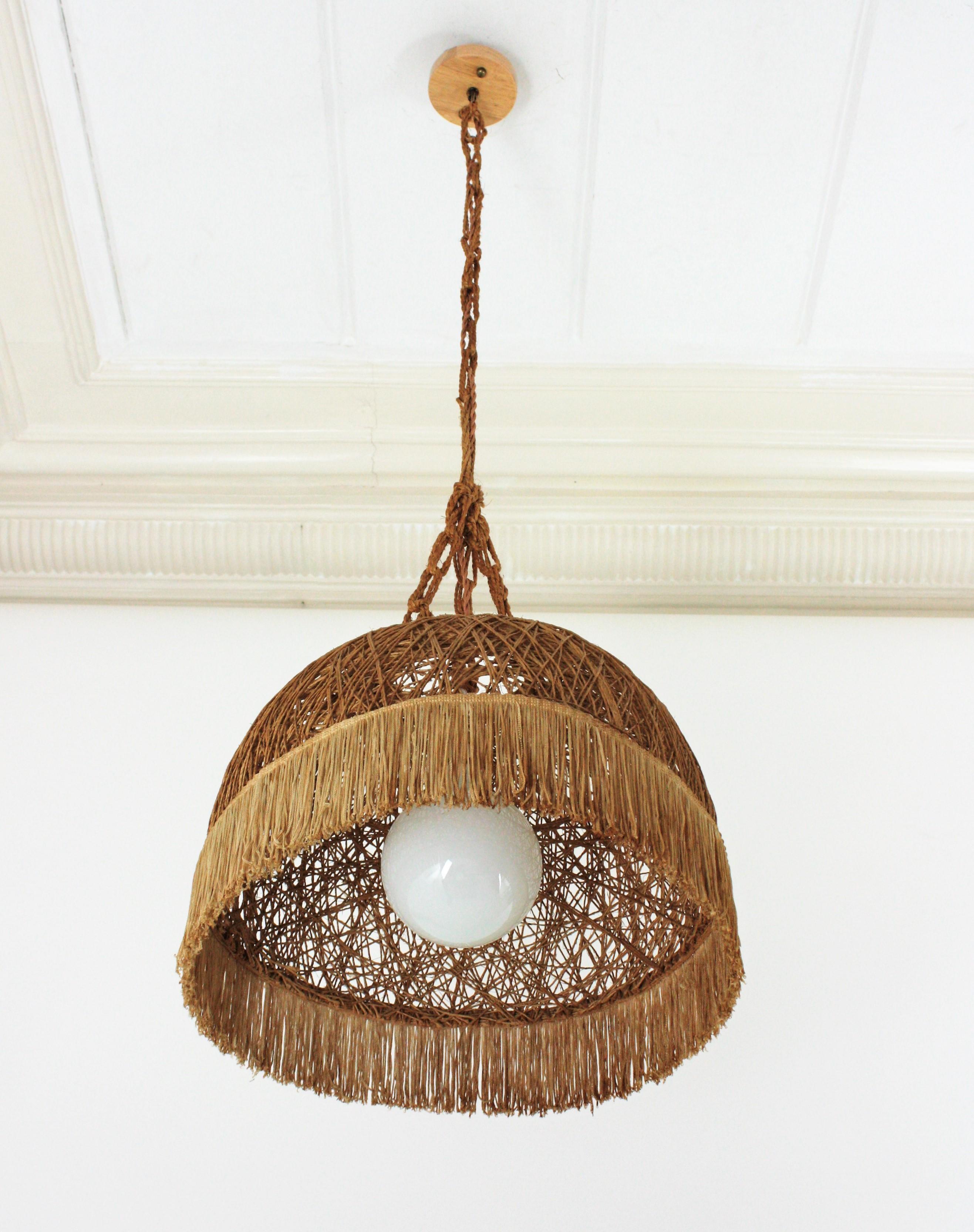 Rope Hand Woven Dome Pendant Lamp with Fringe, 1960s For Sale at 1stDibs