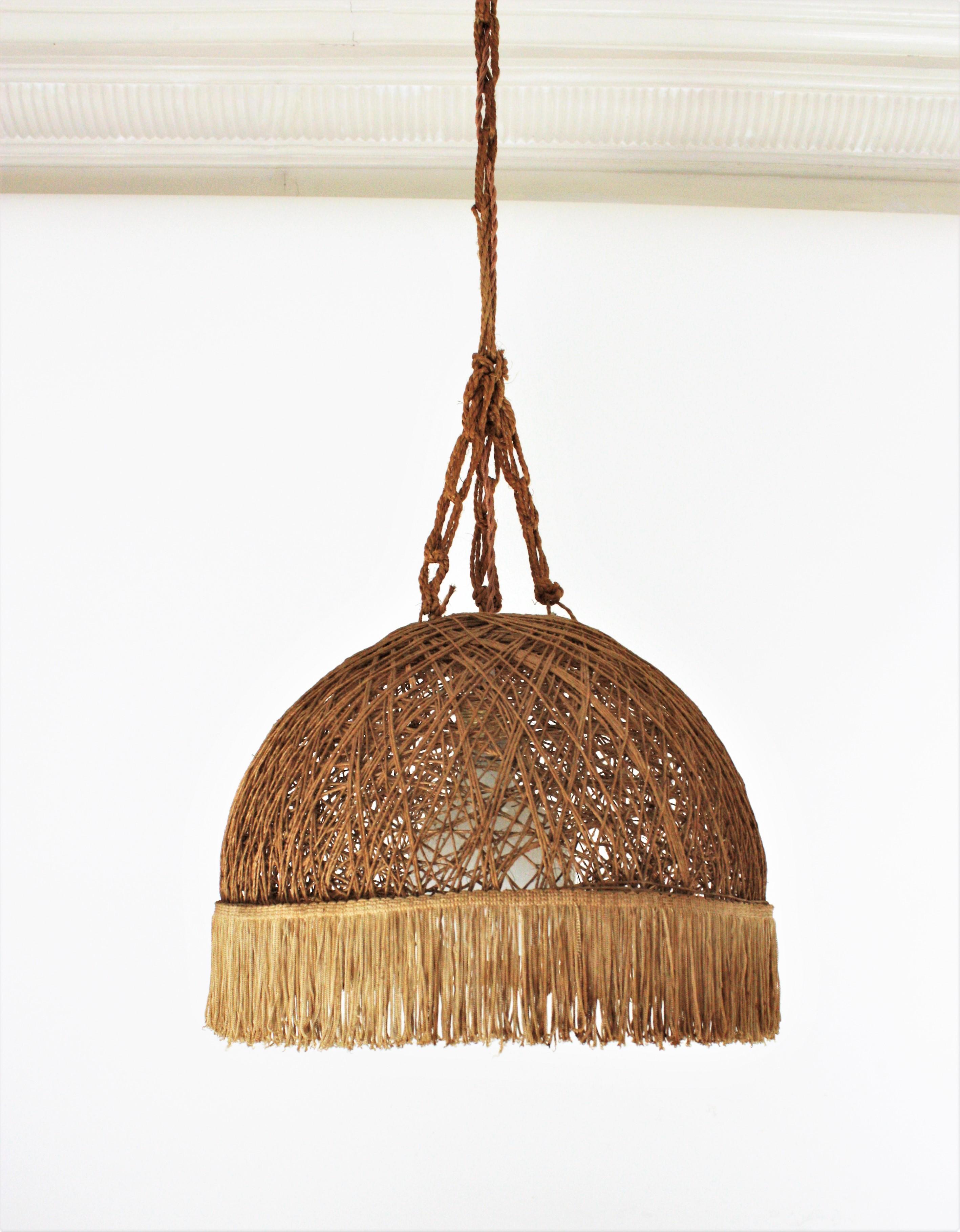 Hand-Crafted Spanish Rope Hand Woven Pendant Lamp / Suspension with Fringe For Sale