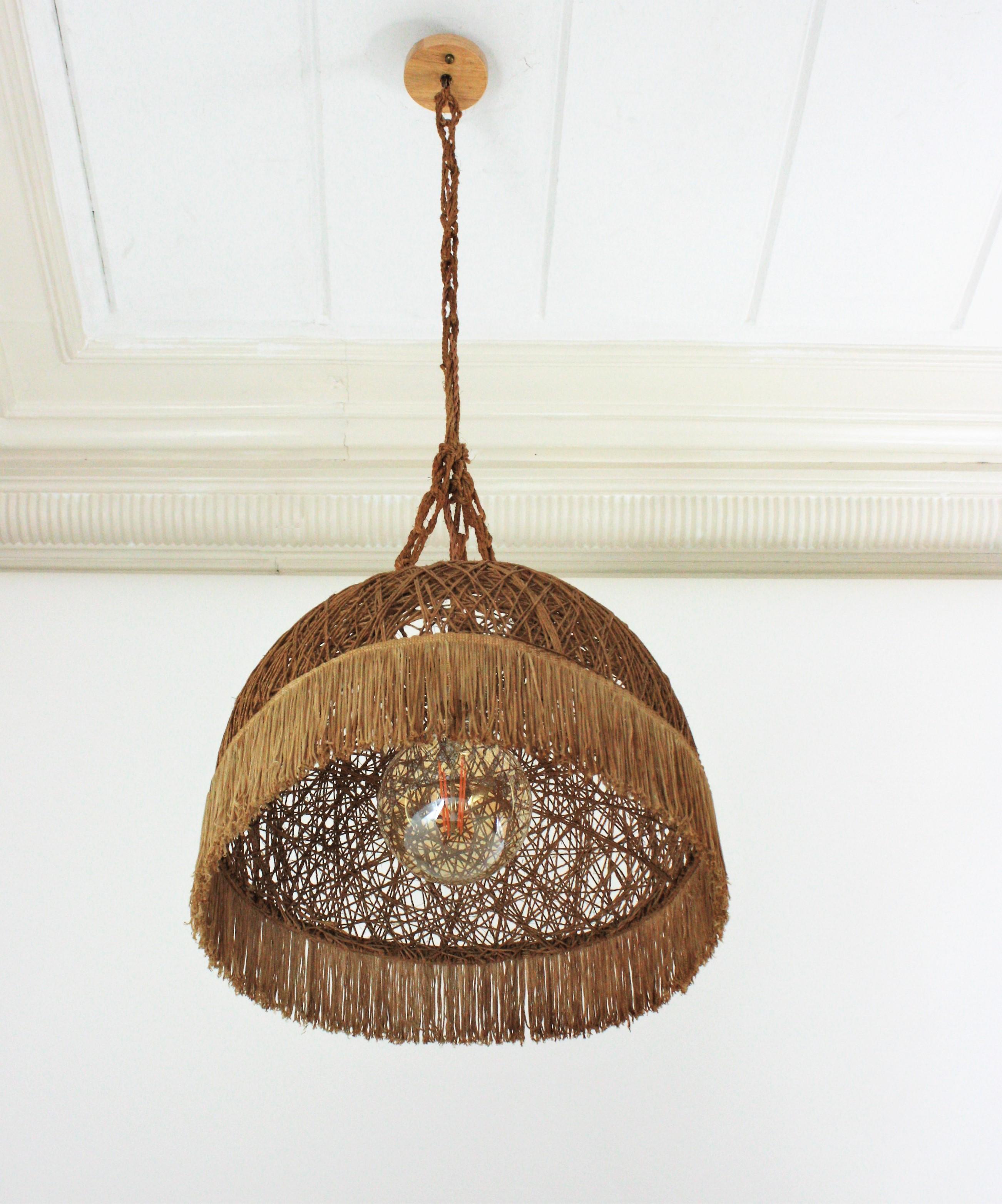 20th Century Spanish Rope Hand Woven Pendant Lamp / Suspension with Fringe For Sale