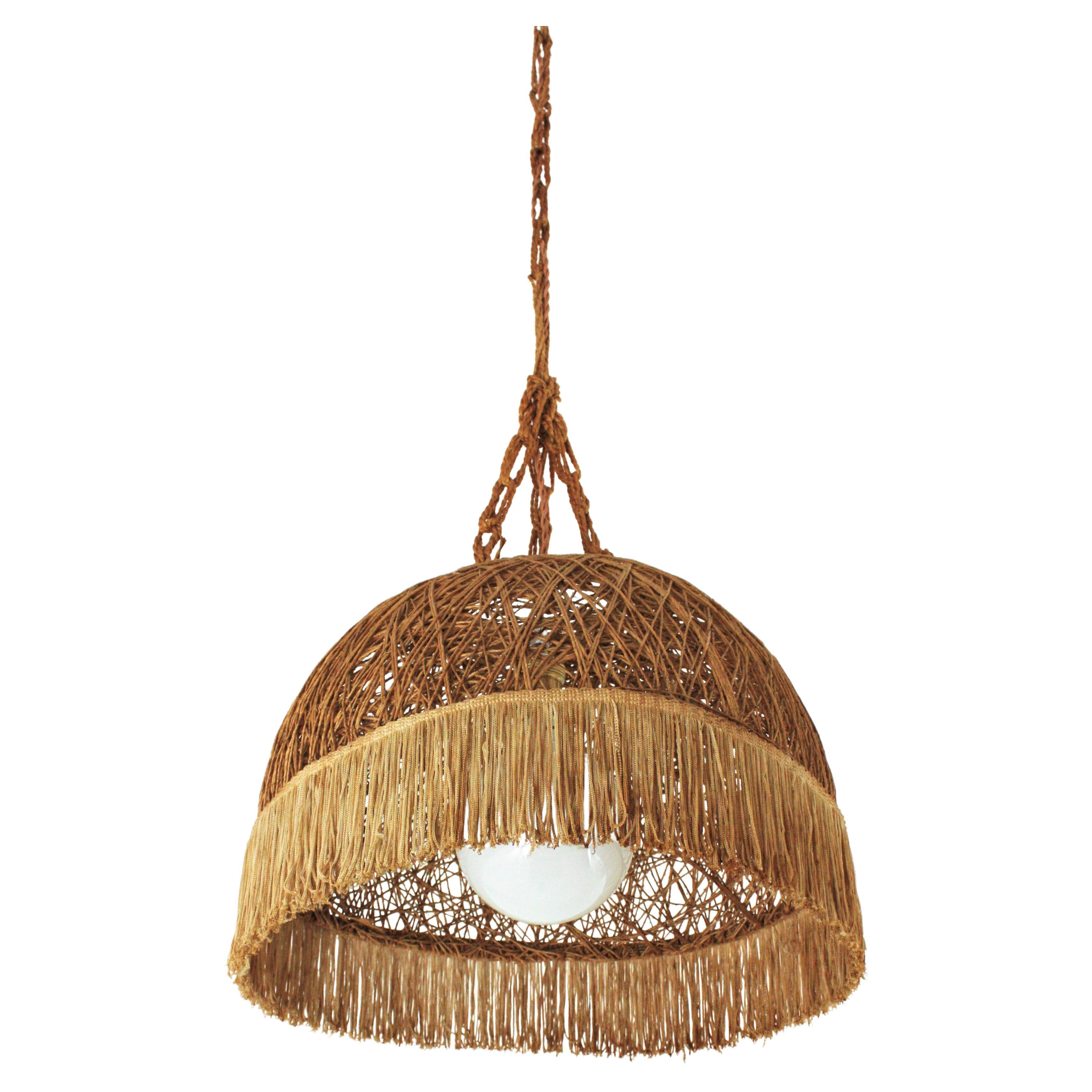 Spanish Rope Hand Woven Pendant Lamp / Suspension with Fringe For Sale