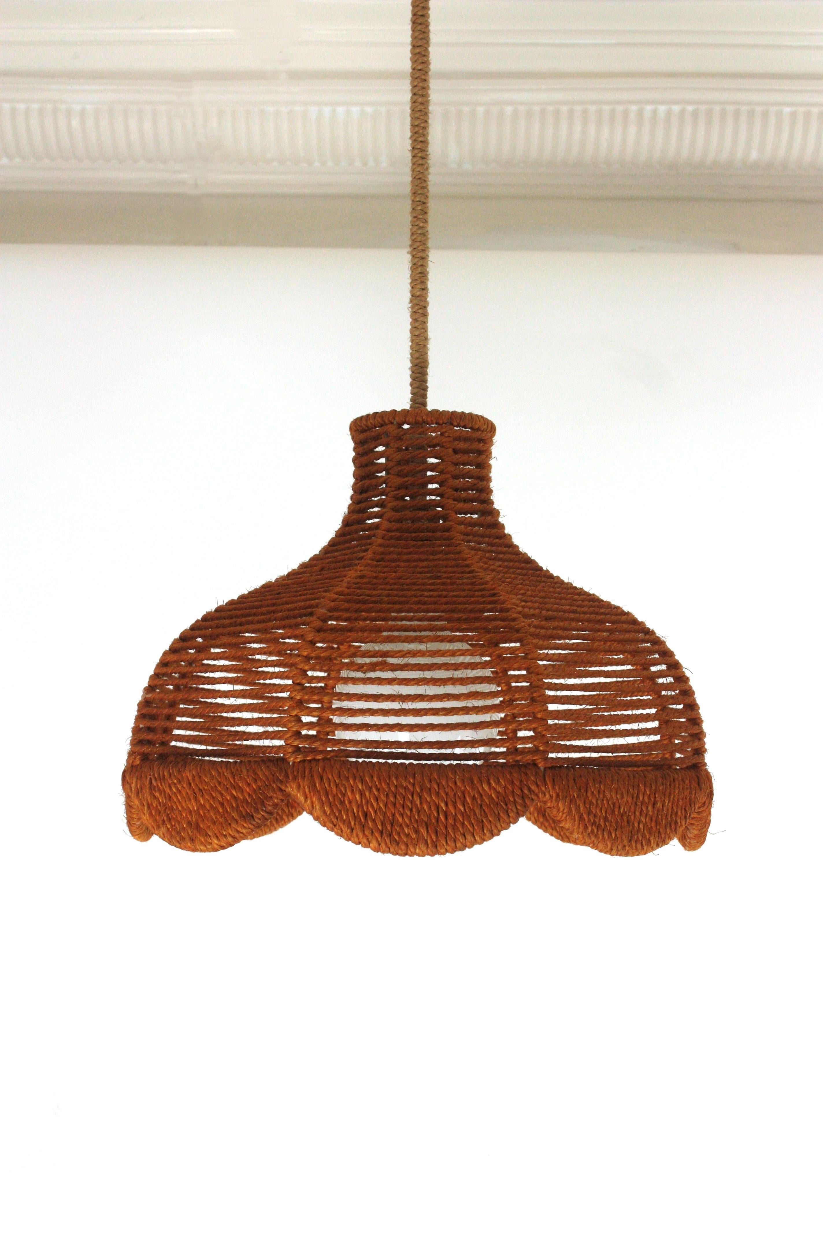 Rope Large Bell Pendant Light Hanging Lamp / Lantern, Spain, 1960s  For Sale 2