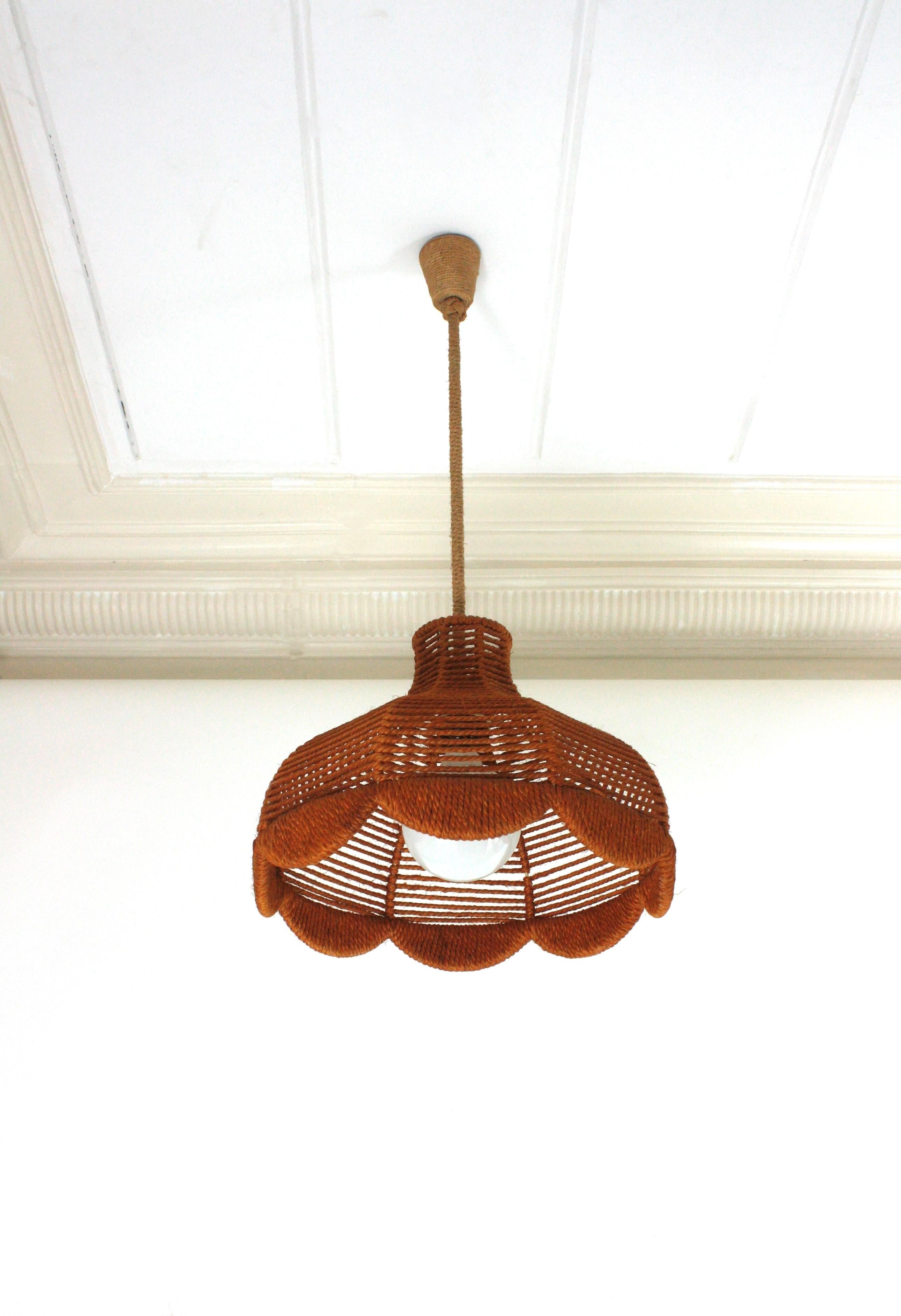 Spanish Rope Large Bell Pendant Light Hanging Lamp / Lantern, Spain, 1960s  For Sale