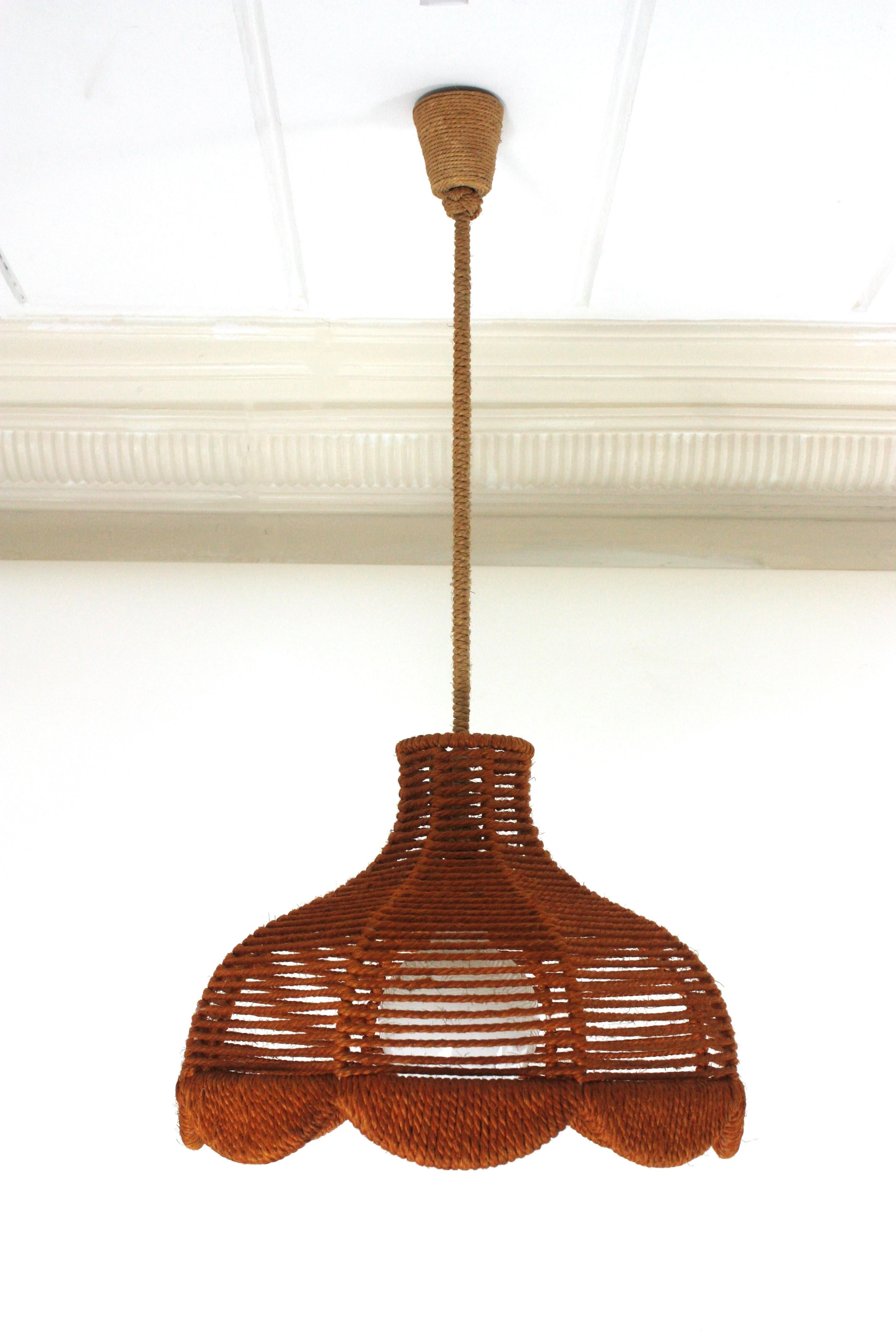 Hand-Crafted Rope Large Bell Pendant Light Hanging Lamp / Lantern, Spain, 1960s  For Sale