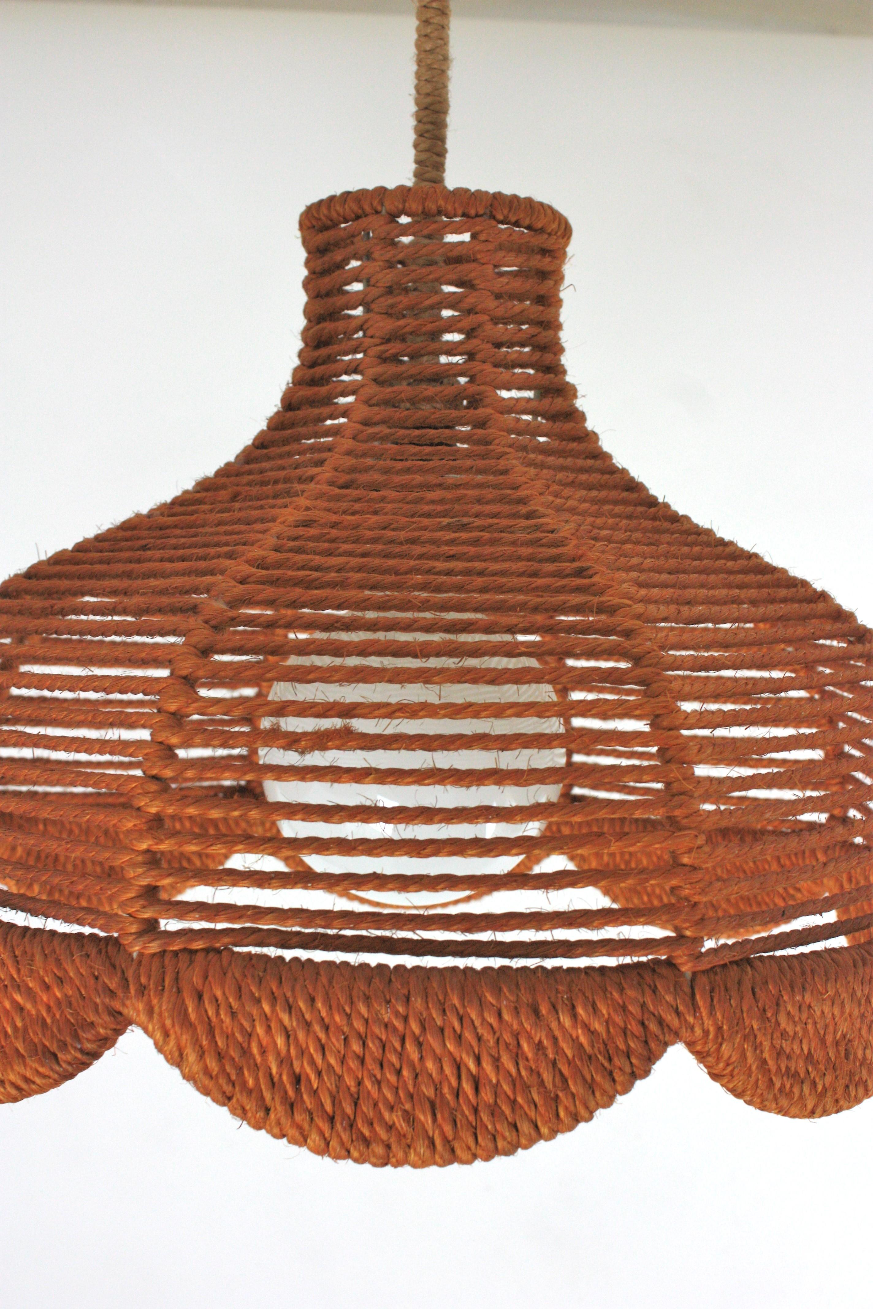 Rope Large Bell Pendant Light Hanging Lamp / Lantern, Spain, 1960s  In Good Condition For Sale In Barcelona, ES