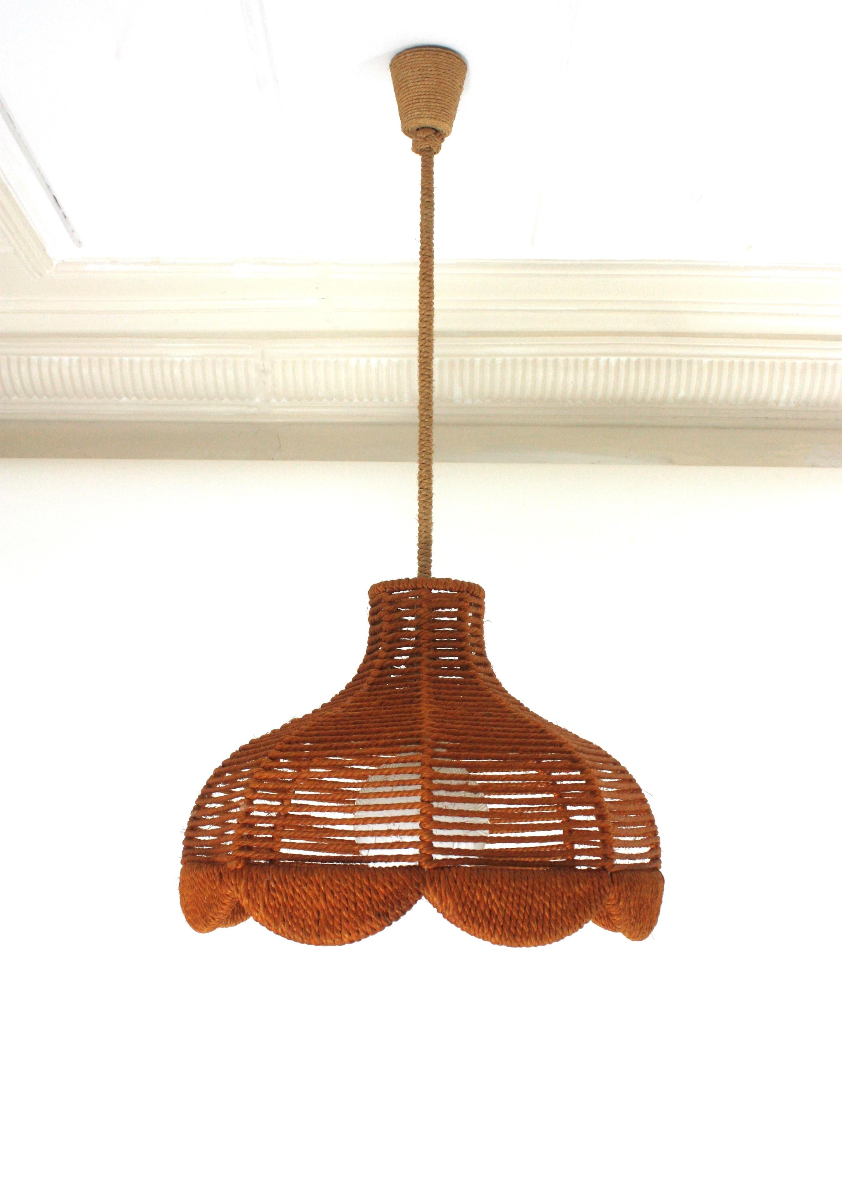 20th Century Rope Large Bell Pendant Light Hanging Lamp / Lantern, Spain, 1960s  For Sale