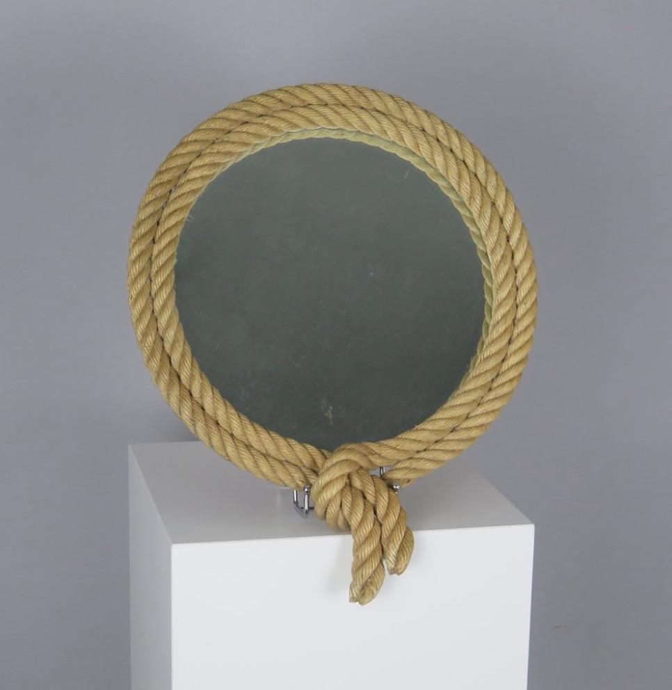 Rope Mirror with Leather Backing by Audoux Minet. France, circa 1960. In Good Condition For Sale In Pittsburgh, PA