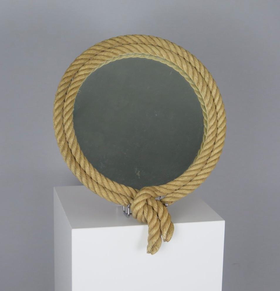 Rope Mirror with Leather Backing by Audoux Minet. France, circa 1960. For Sale 1