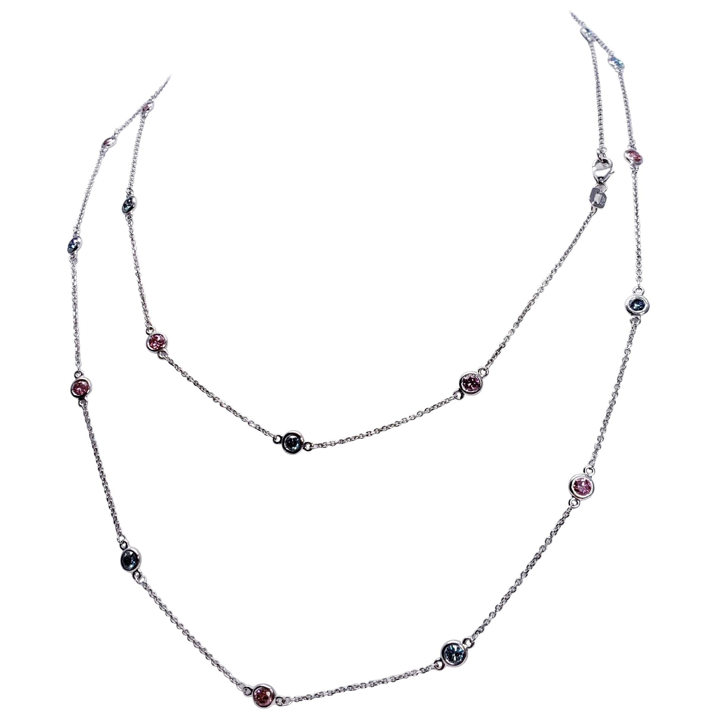 Rope Necklace in 14K White Gold 36" Length with Blue and Pink Round Diamonds For Sale
